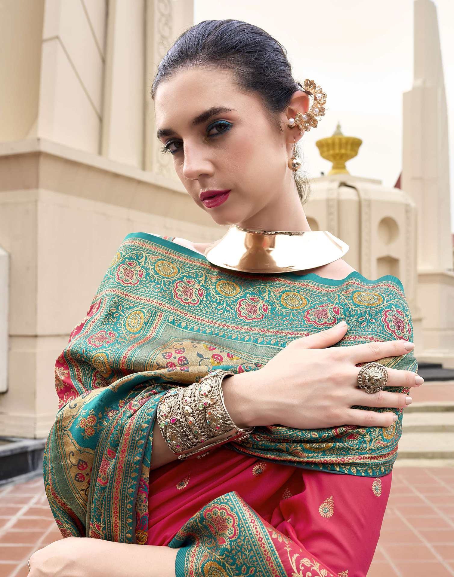 Coral Red Silk Woven Banarasi Saree - Image 2