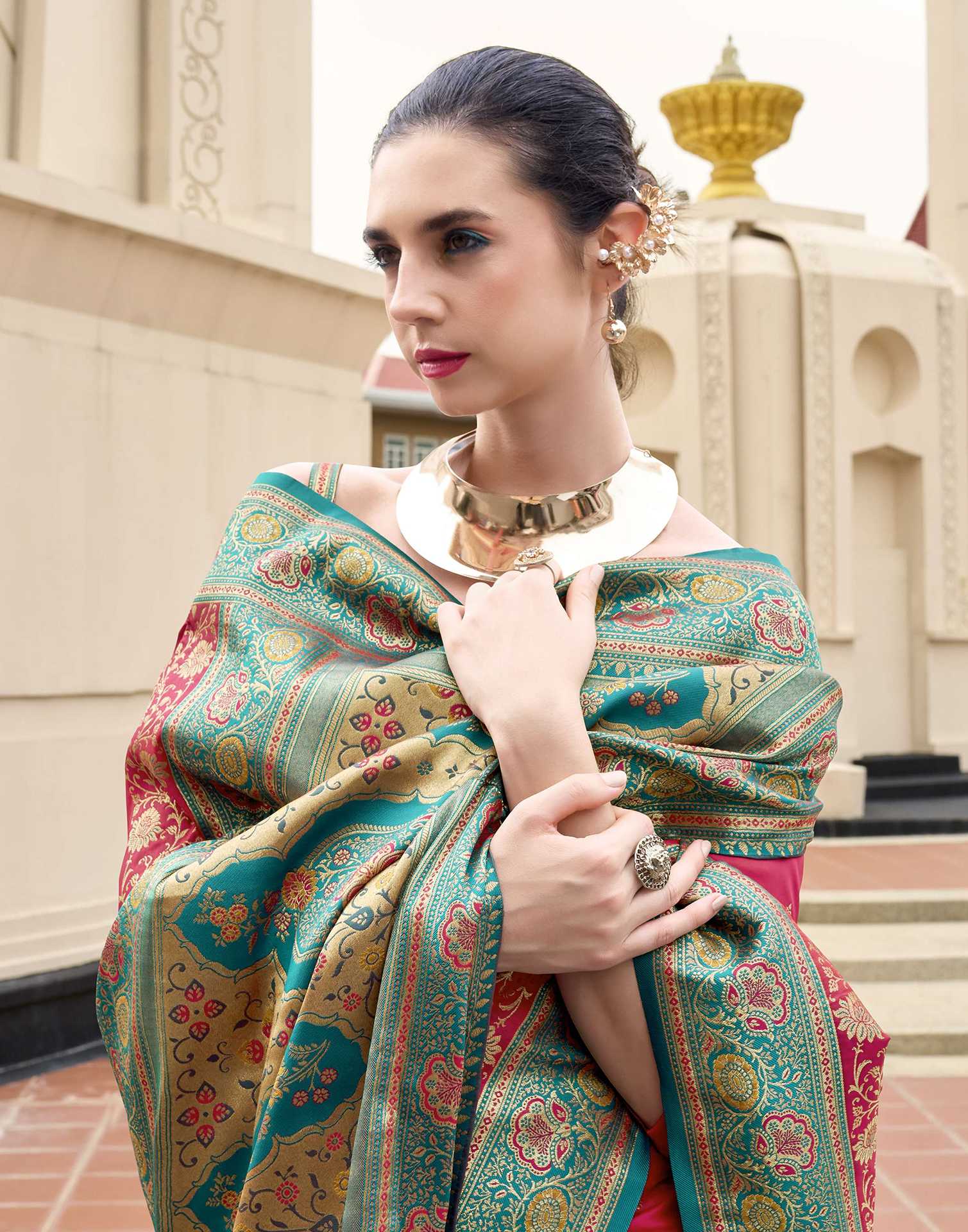Coral Red Silk Woven Banarasi Saree - Image 4