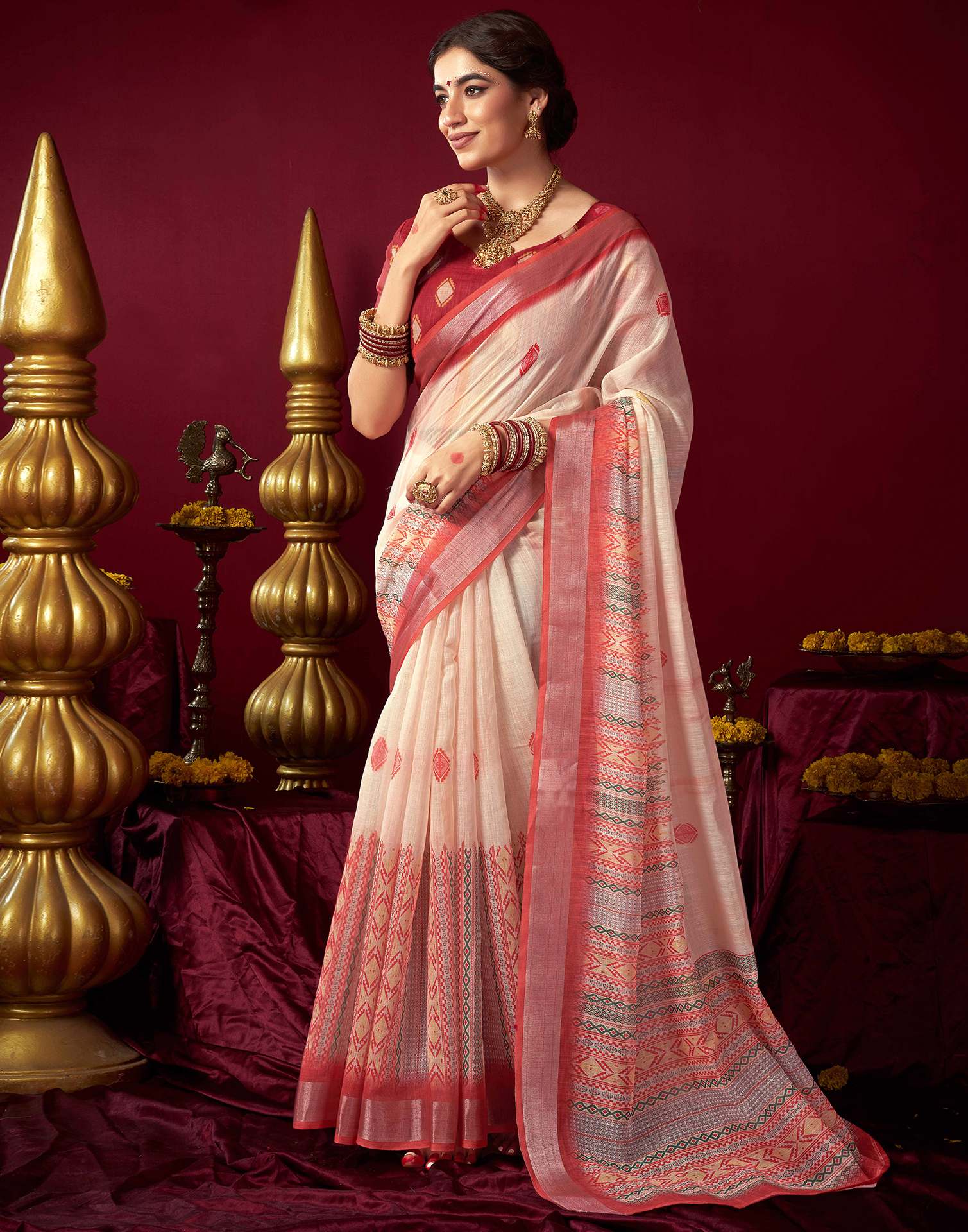 Cream Chanderi Printed Saree - Image 5