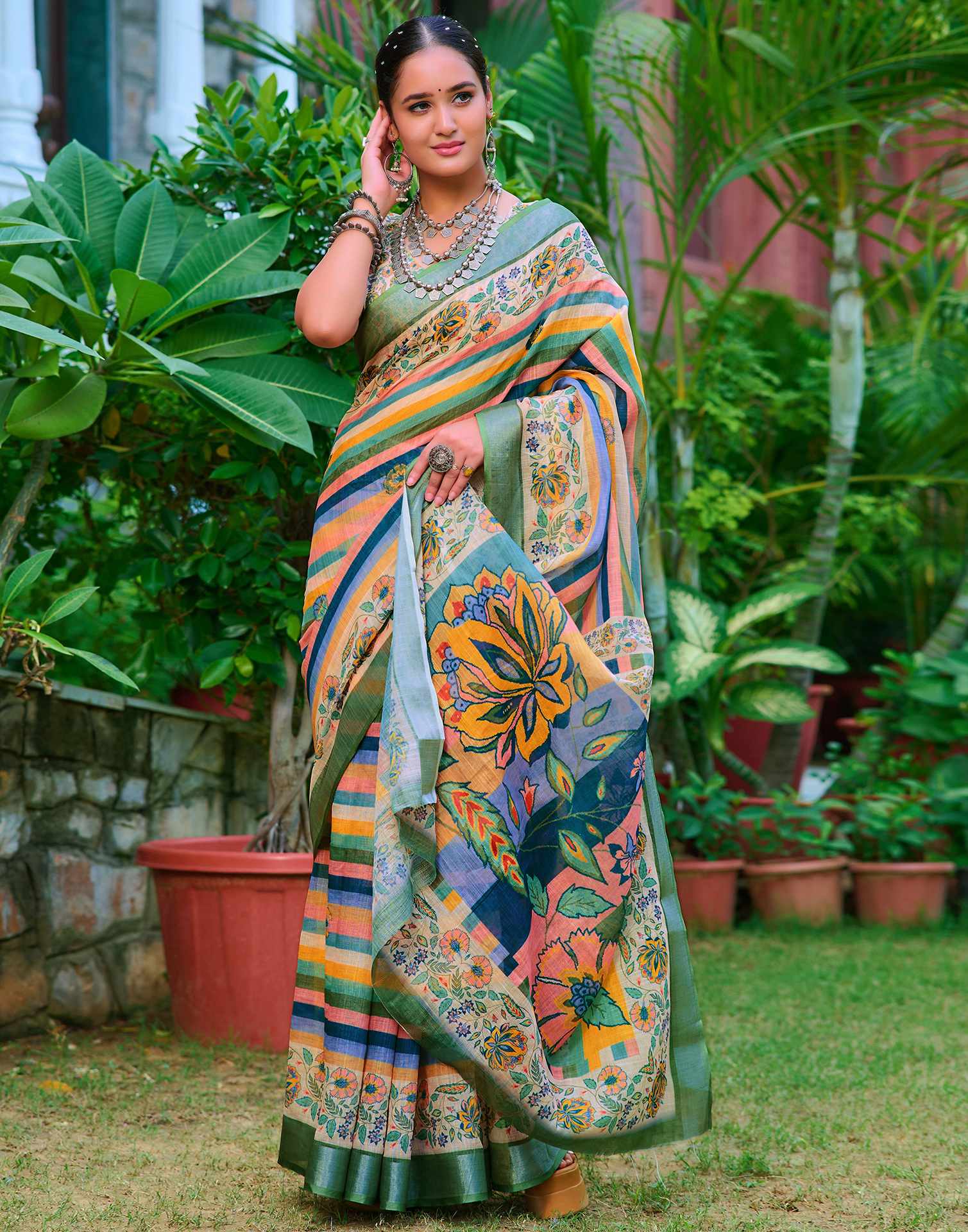 Cream Cotton Linen Printed Saree - Image 2