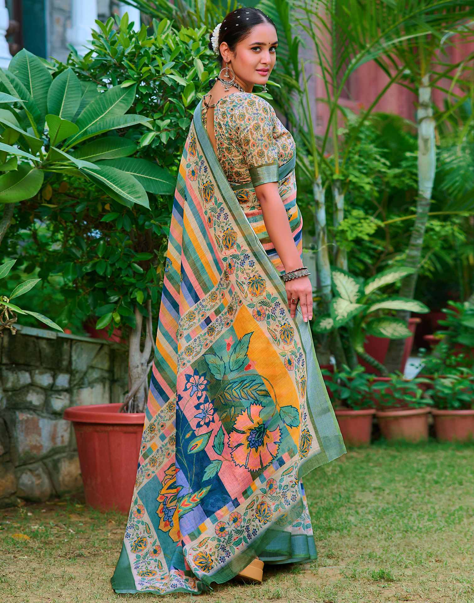 Cream Cotton Linen Printed Saree - Image 6
