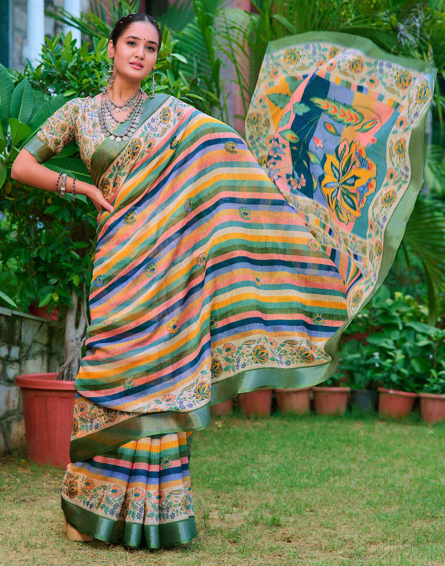 Cream Cotton Linen Printed Saree - Image 7