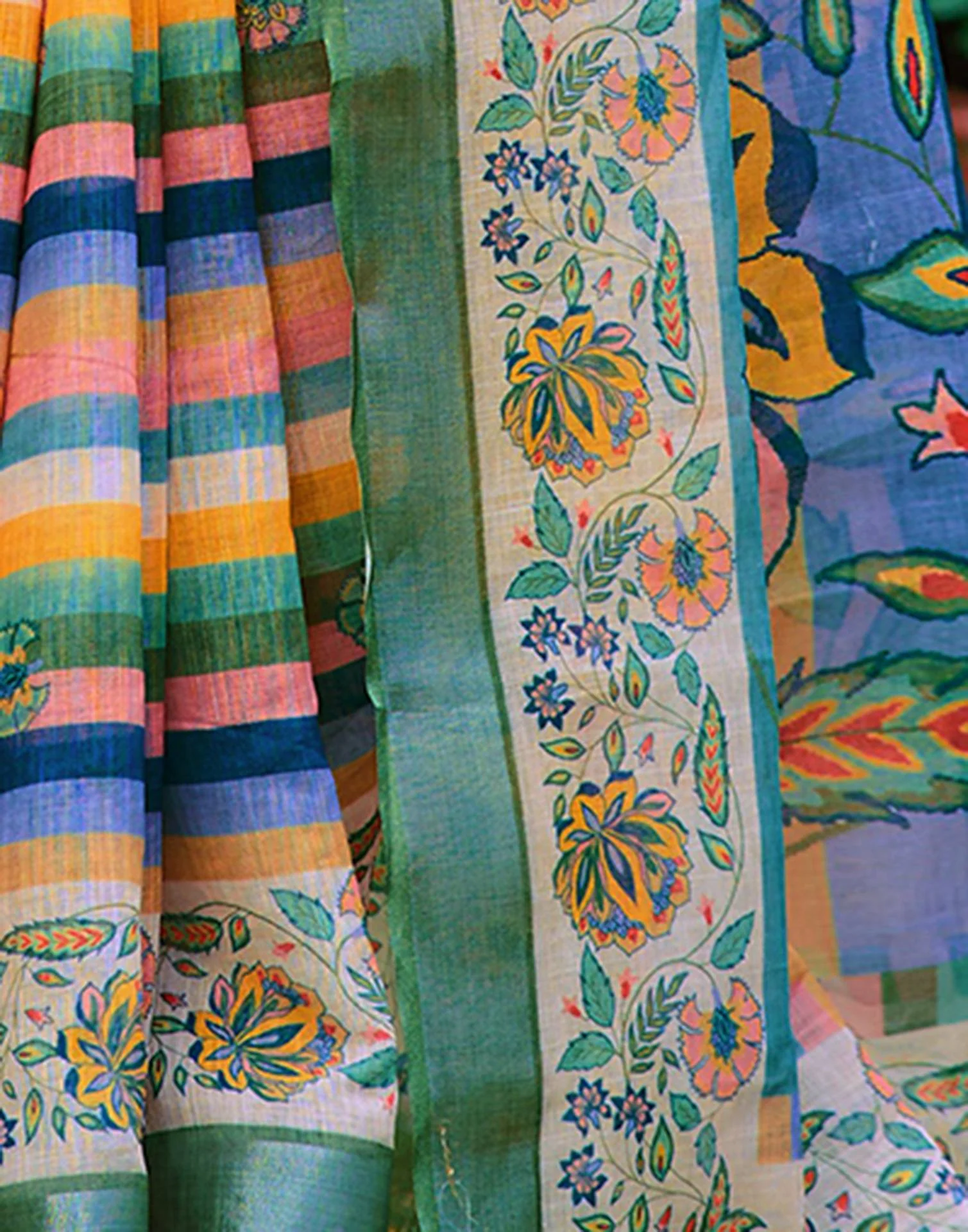 Cream Cotton Linen Printed Saree - Image 9
