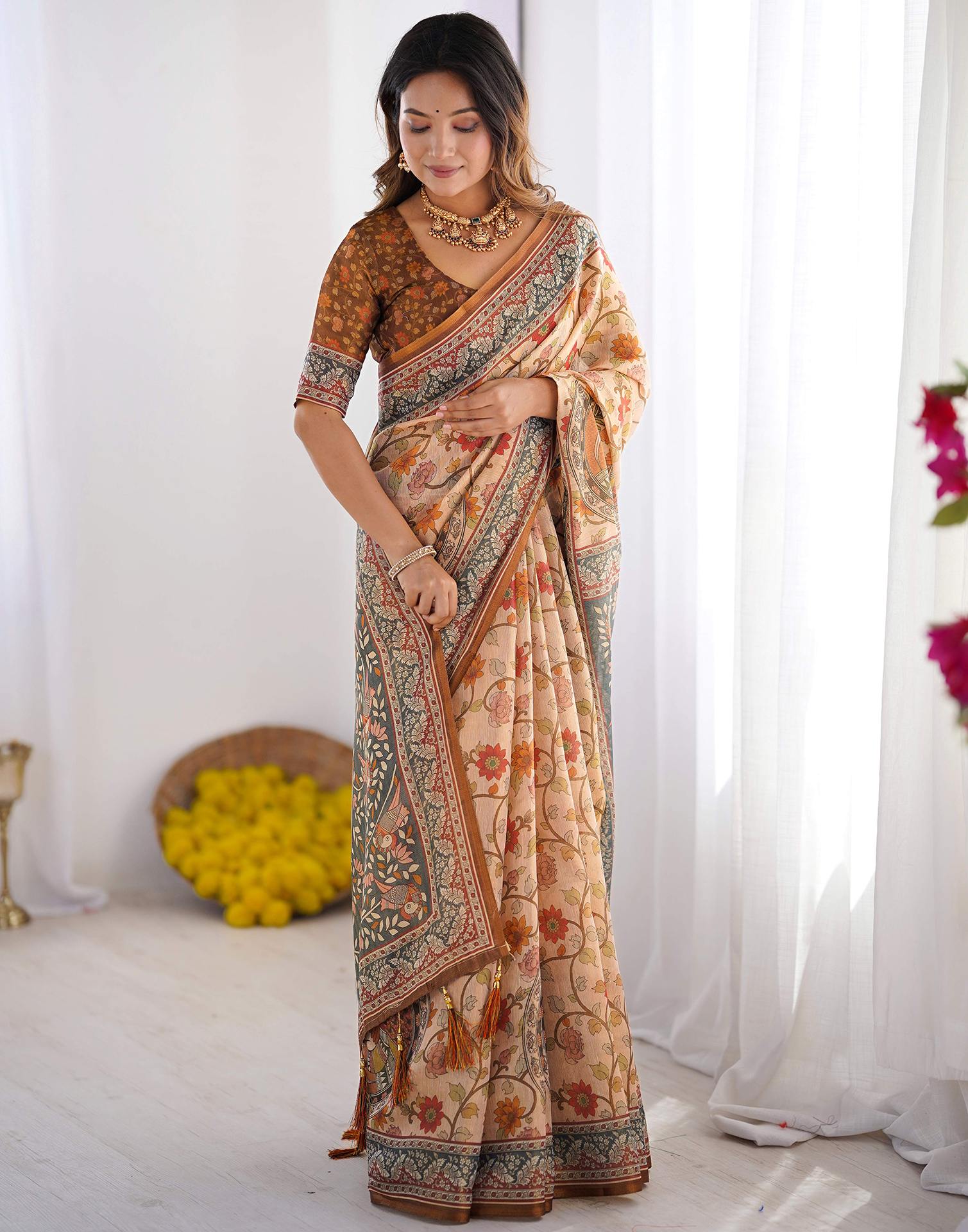 Cream Linen Kalamkari Saree - Image 4
