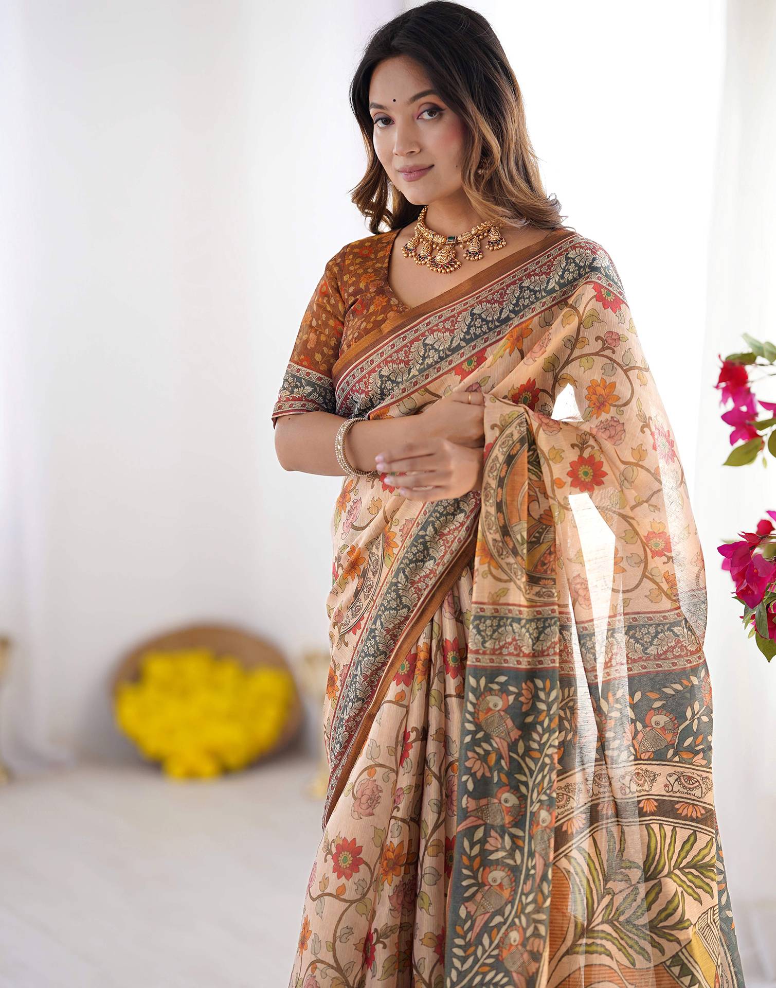 Cream Linen Kalamkari Saree - Image 8