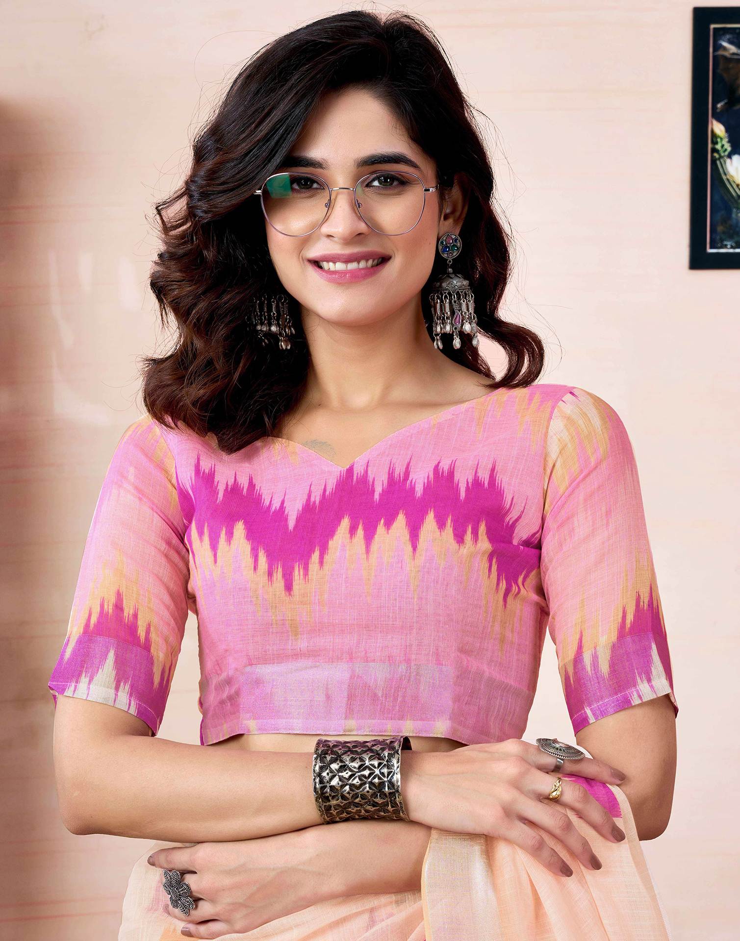 Ready To Wear Cream Linen Printed Saree With Pocket - Image 10