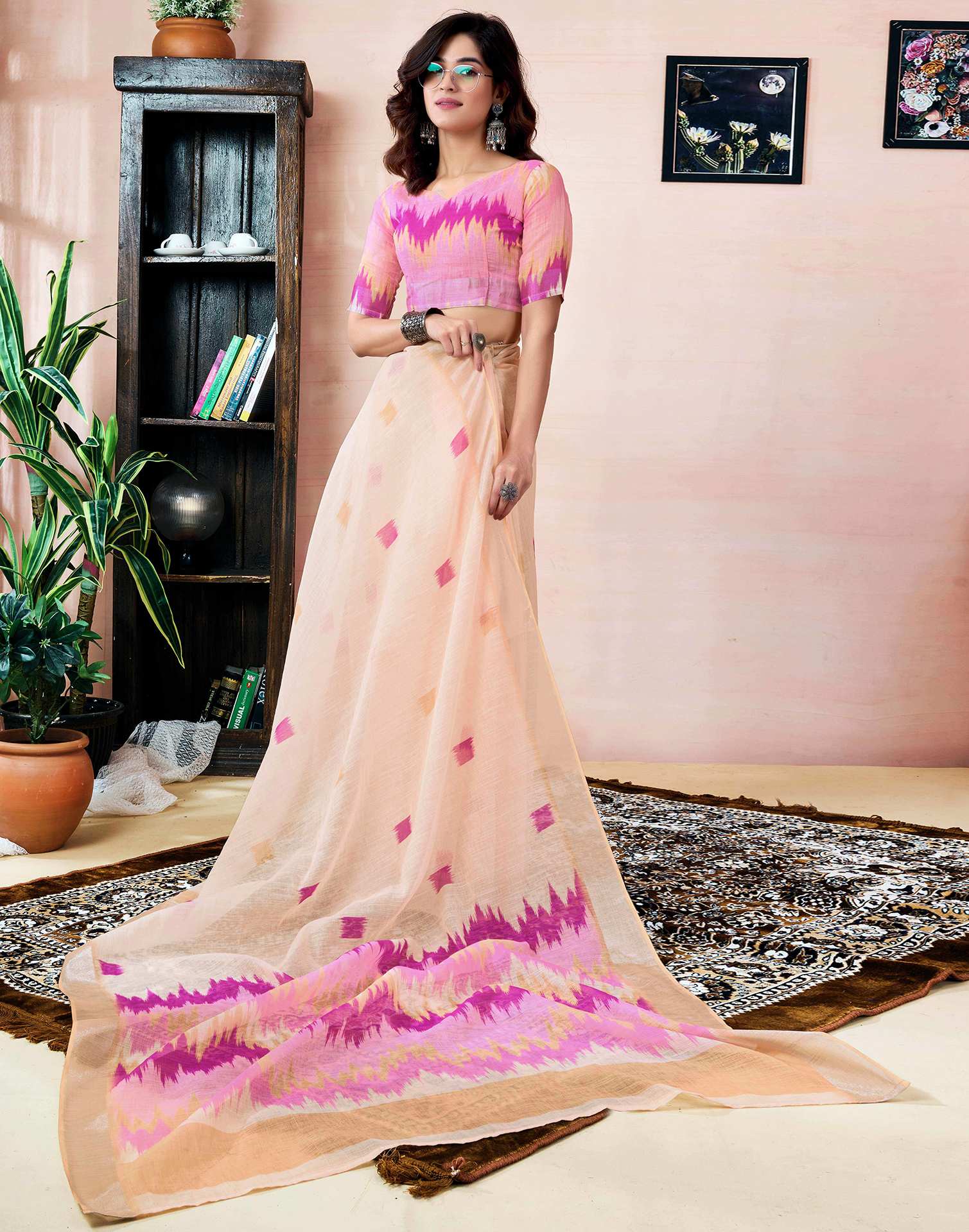 Ready To Wear Cream Linen Printed Saree With Pocket - Image 8