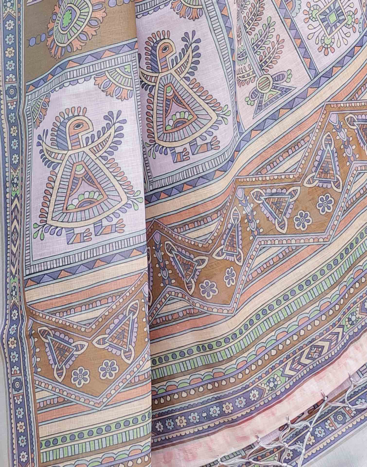 Cream Linen Printed Saree - Image 7