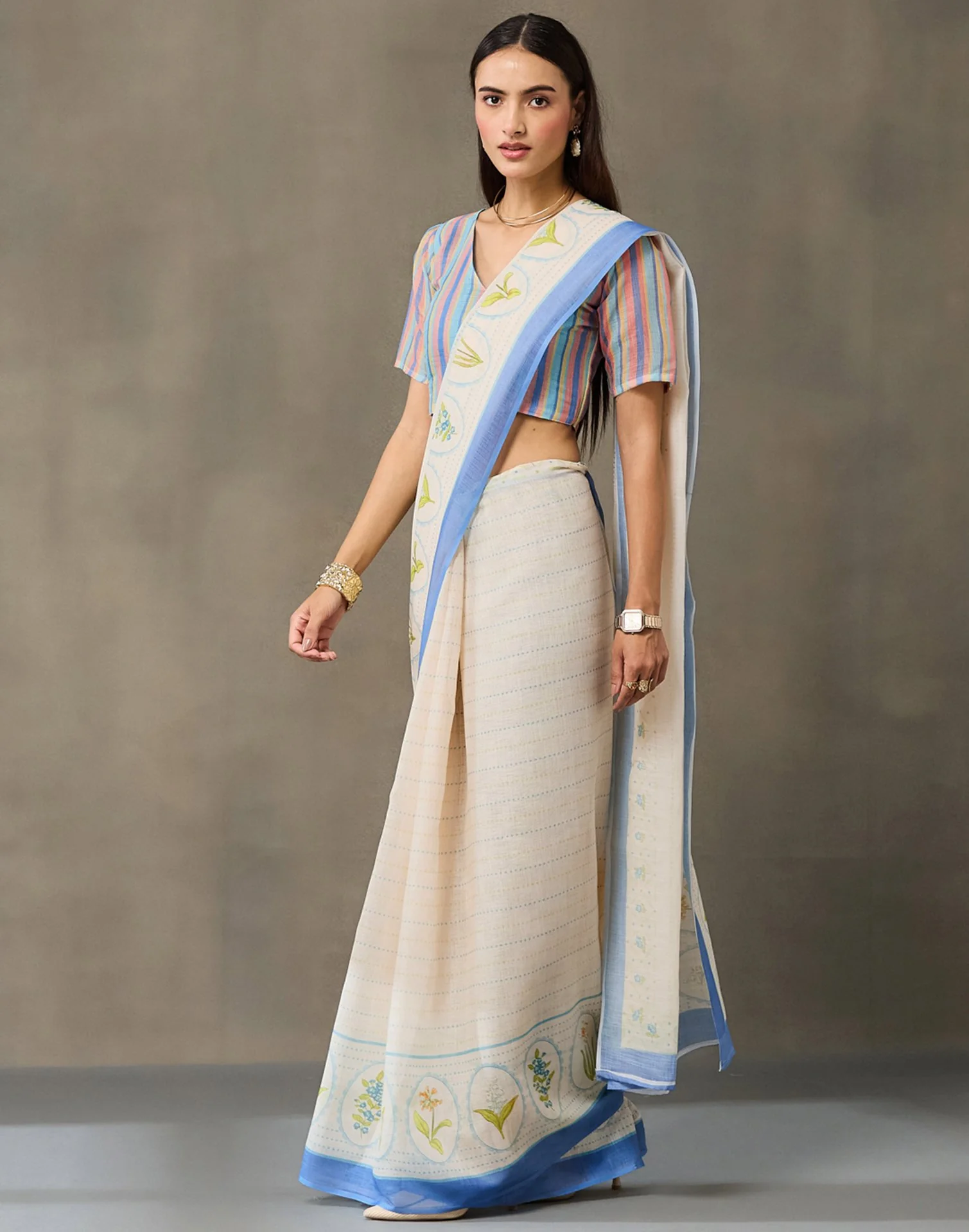 Cream Linen Printed Saree - Image 4