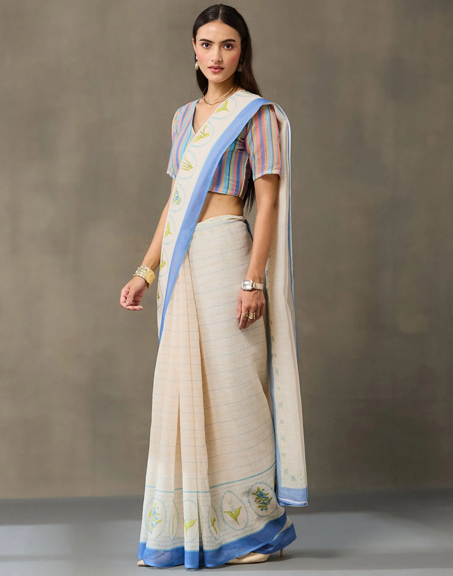Cream Linen Printed Saree - Image 7