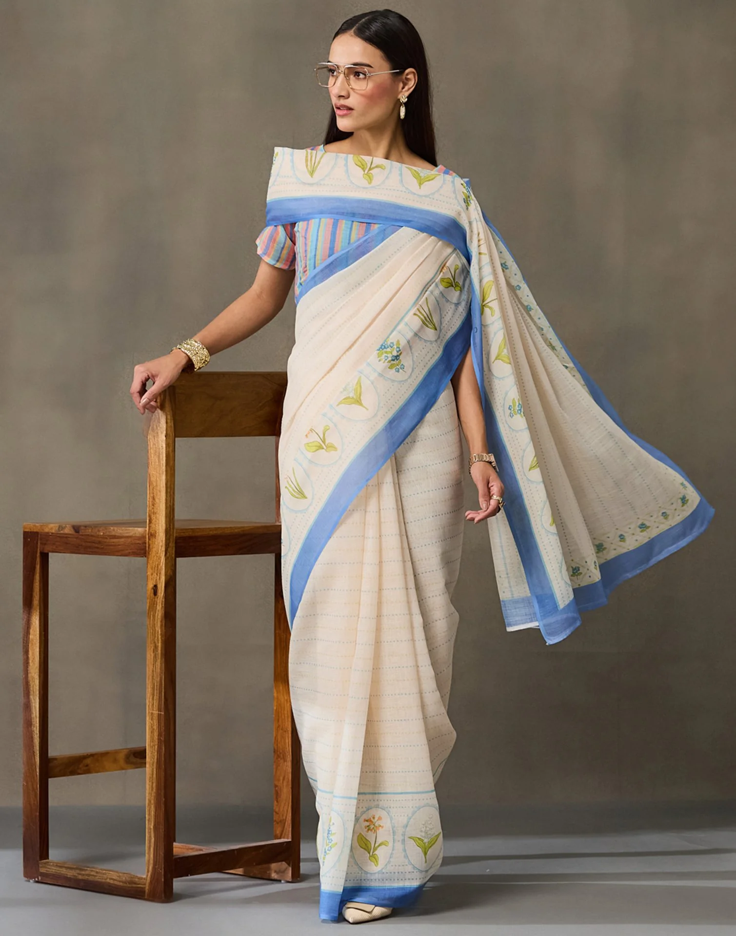 Cream Linen Printed Saree - Image 8