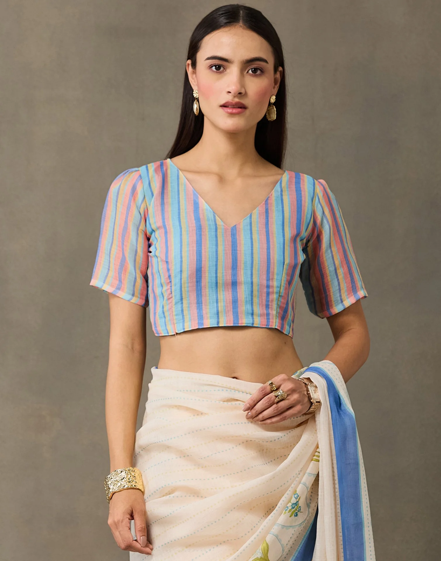 Cream Linen Printed Saree - Image 9