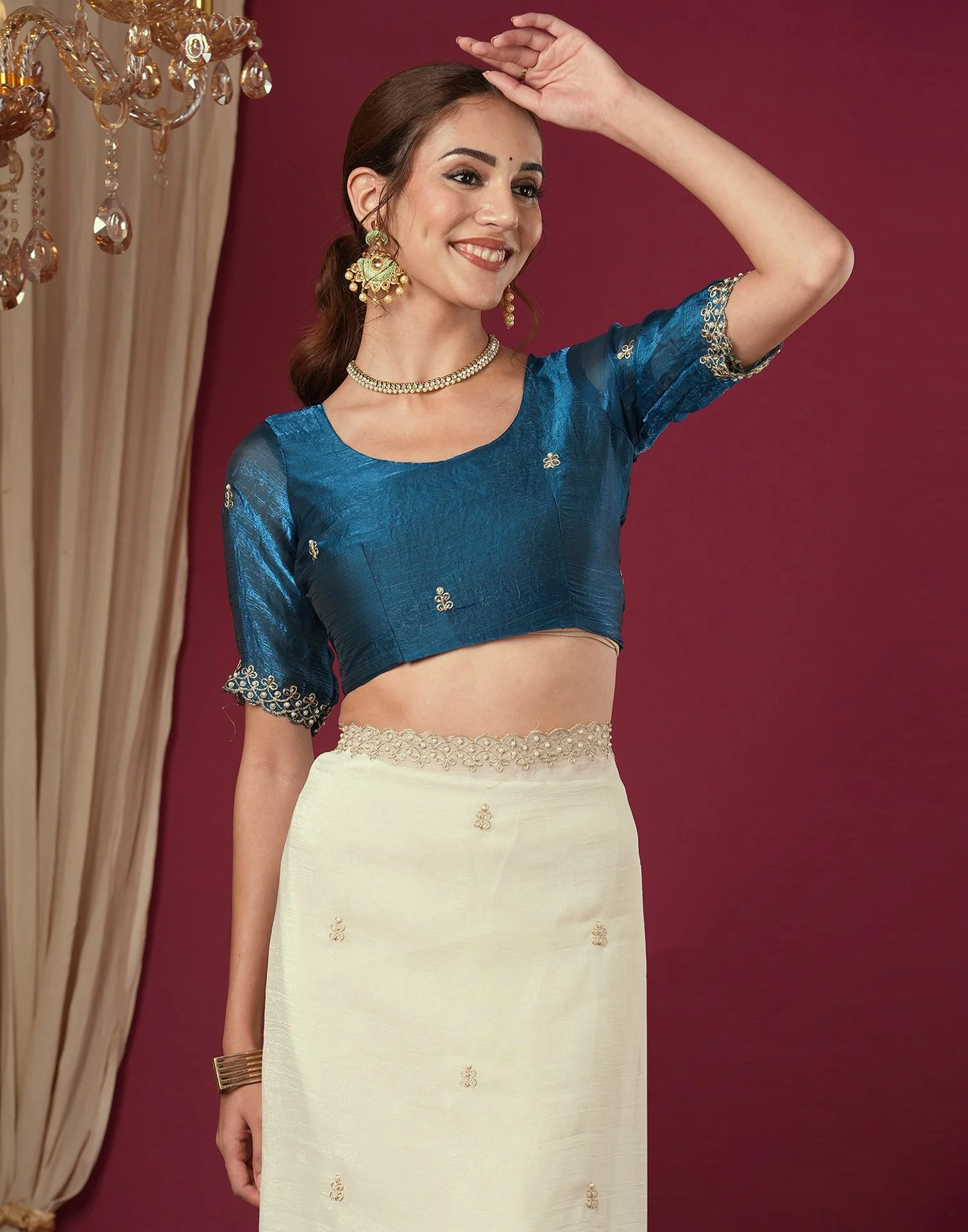 Cream Shimmer Pearl Work Embroidery Saree - Image 10