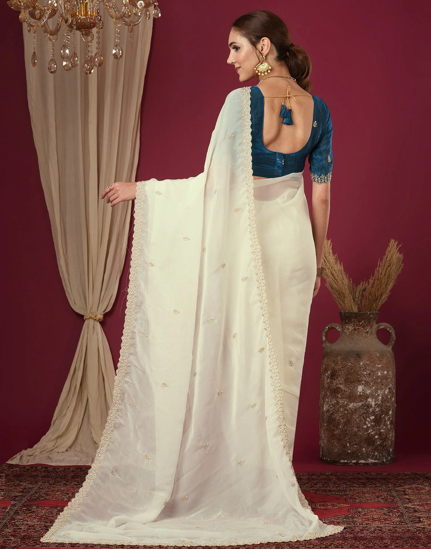 Cream Shimmer Pearl Work Embroidery Saree - Image 7