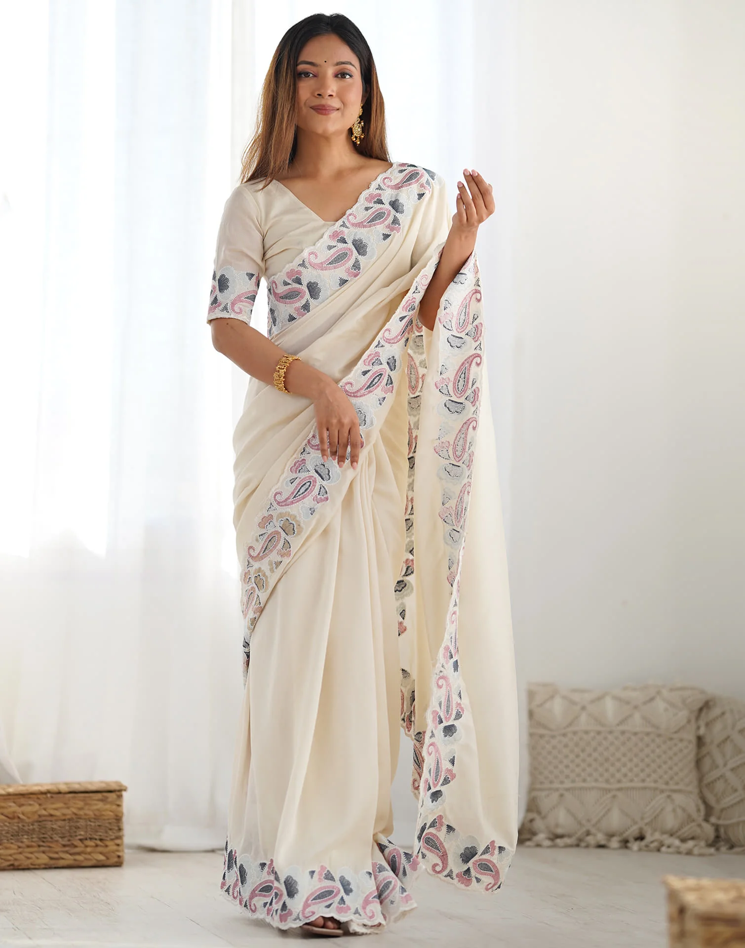 Cream Silk Embroidery Saree - Image 14