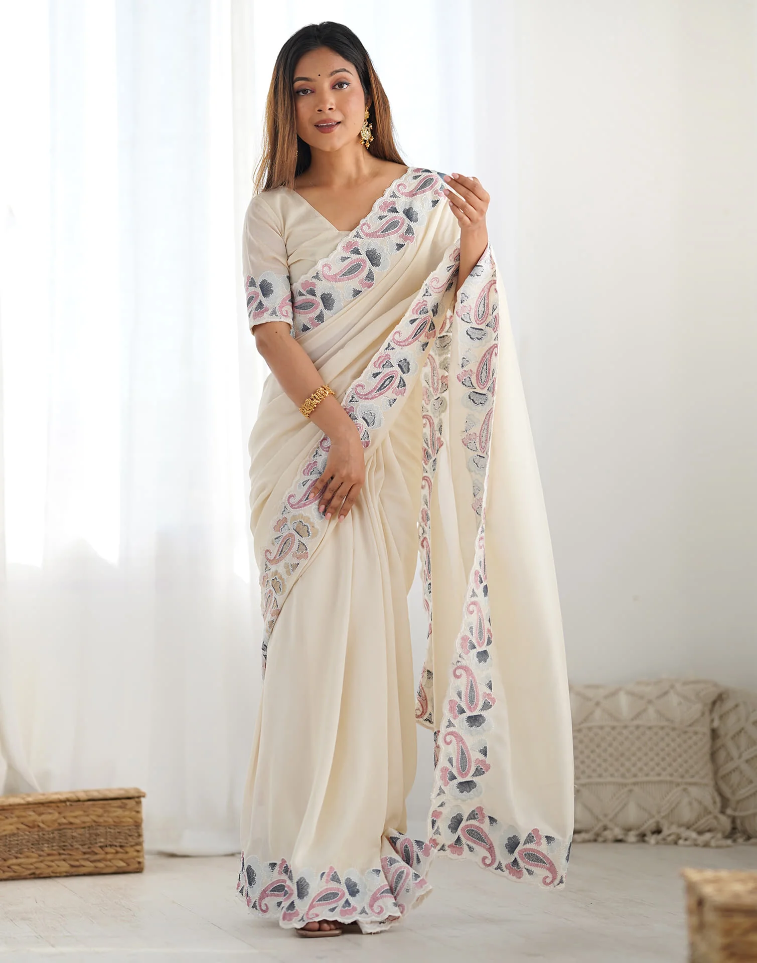 Cream Silk Embroidery Saree - Image 7