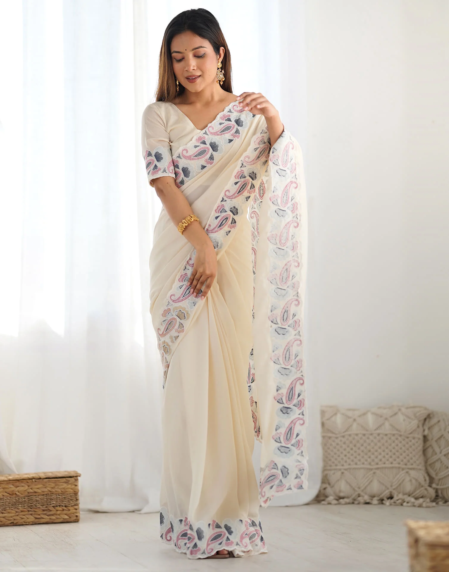 Cream Silk Embroidery Saree - Image 9