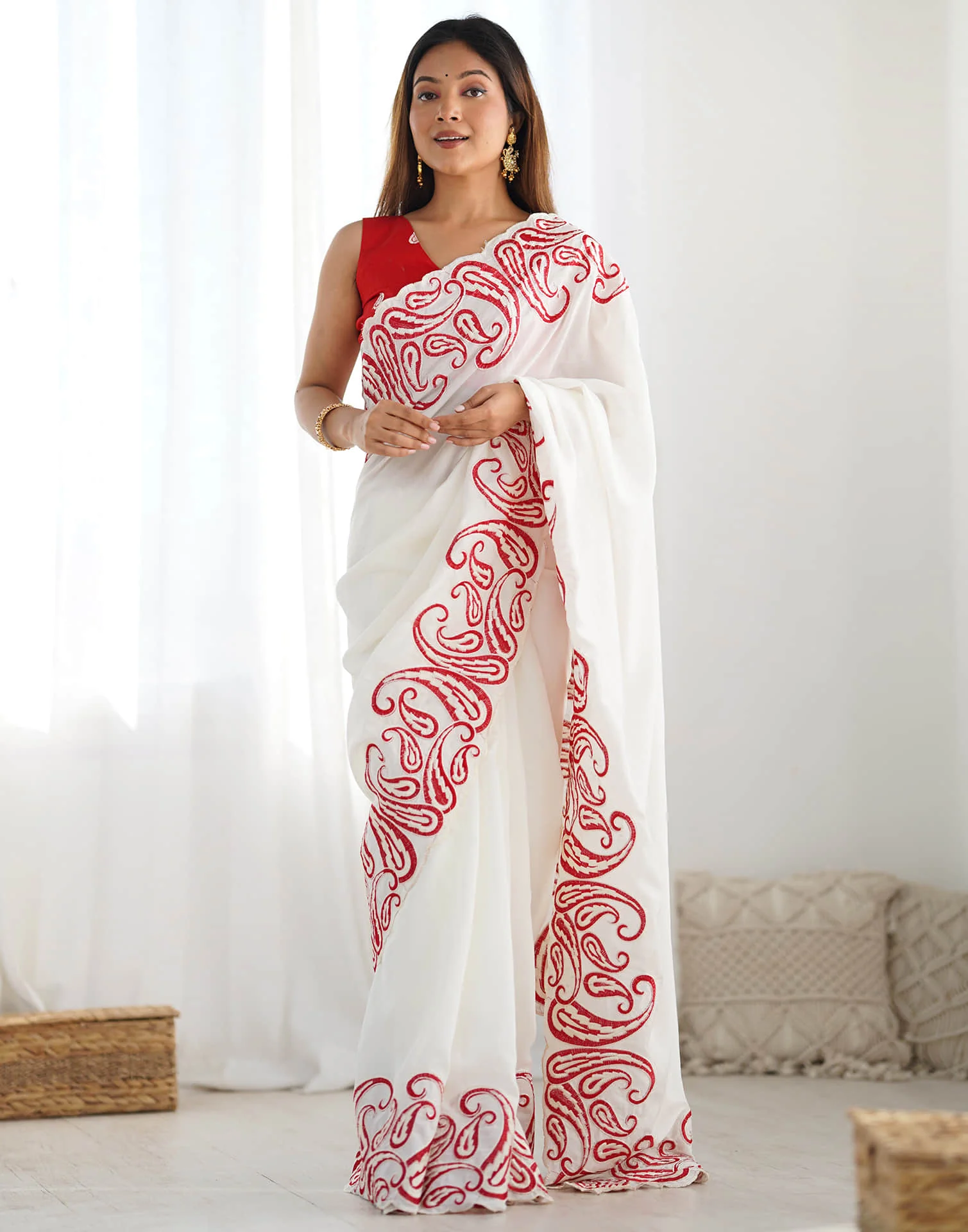 White Silk Embroidery Saree - Image 10