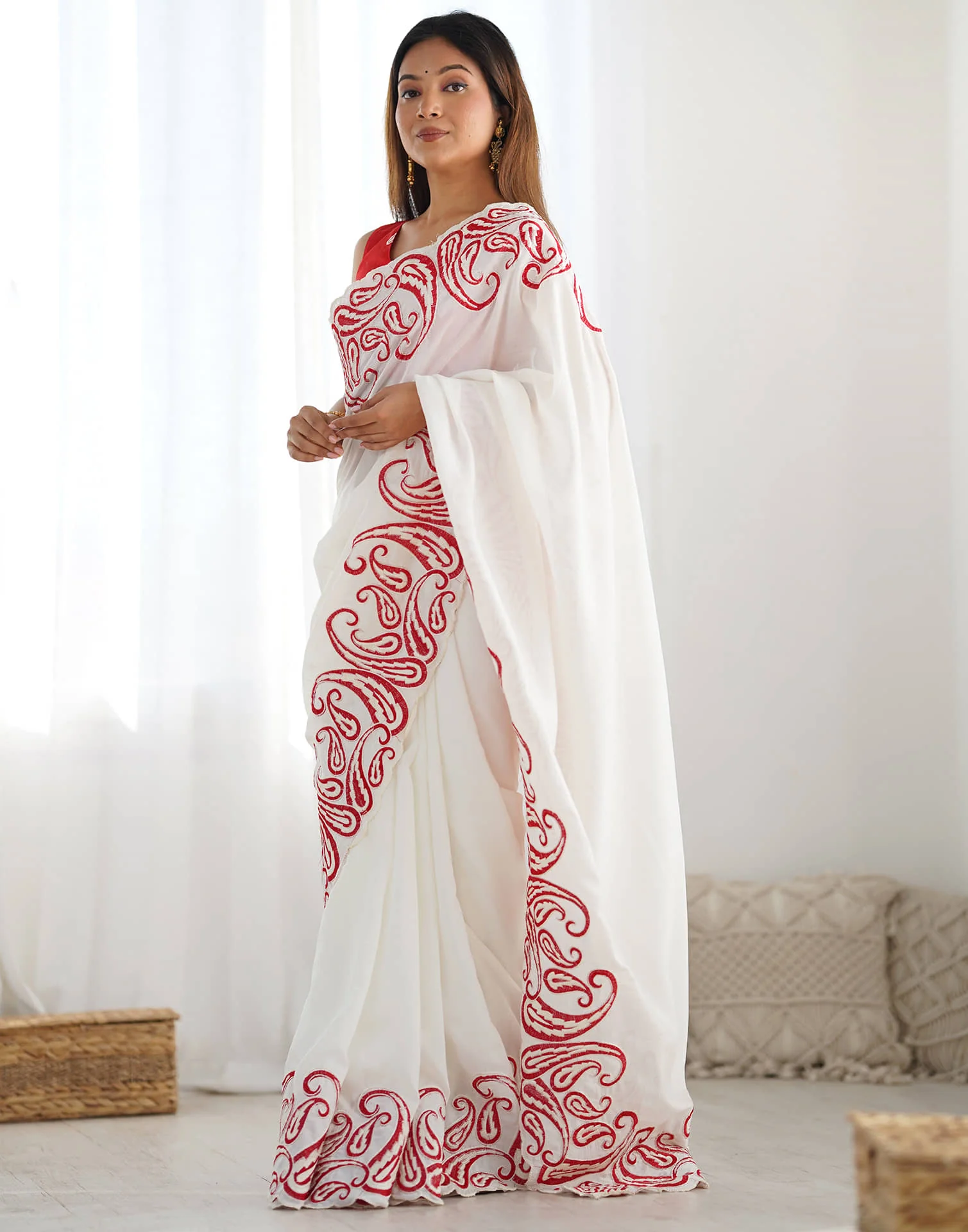 White Silk Embroidery Saree - Image 6