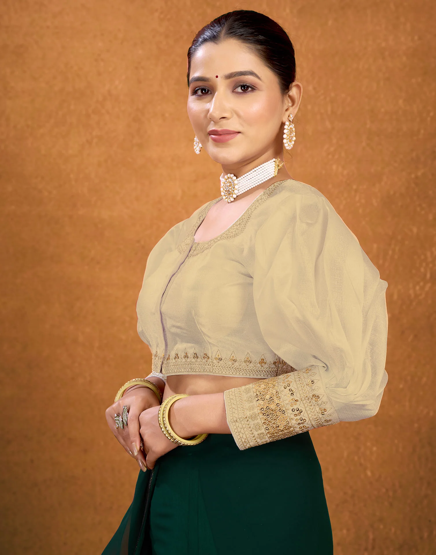 Cream Silk Plain Sequence Blouse - Image 4