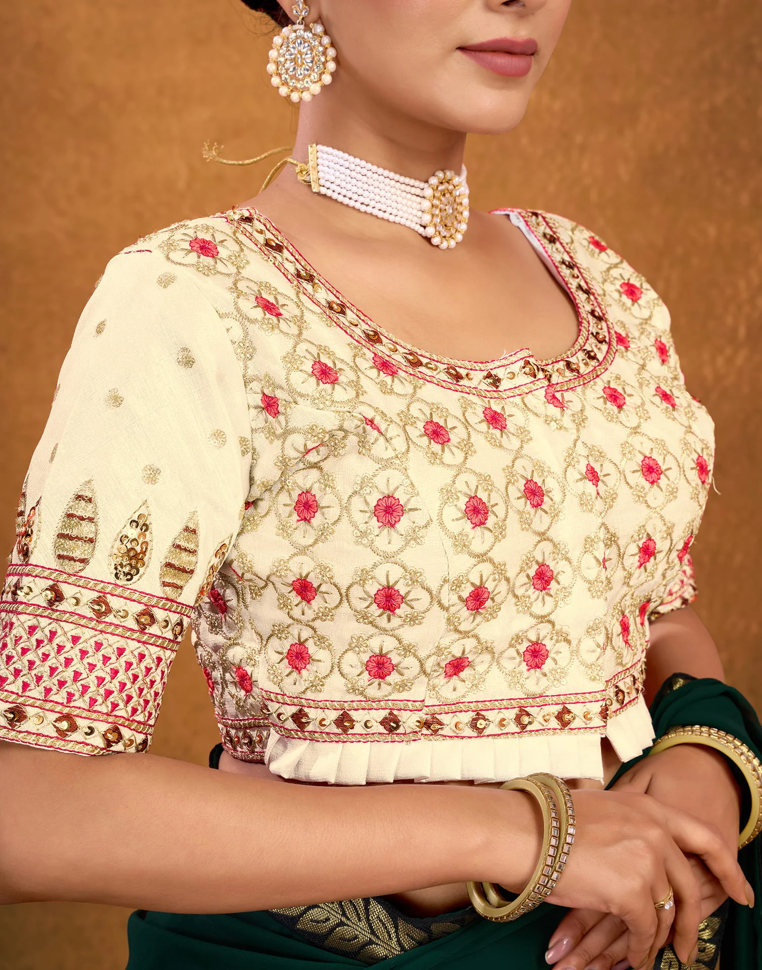 Cream Silk Sequence Embroidery Blouse - Image 5