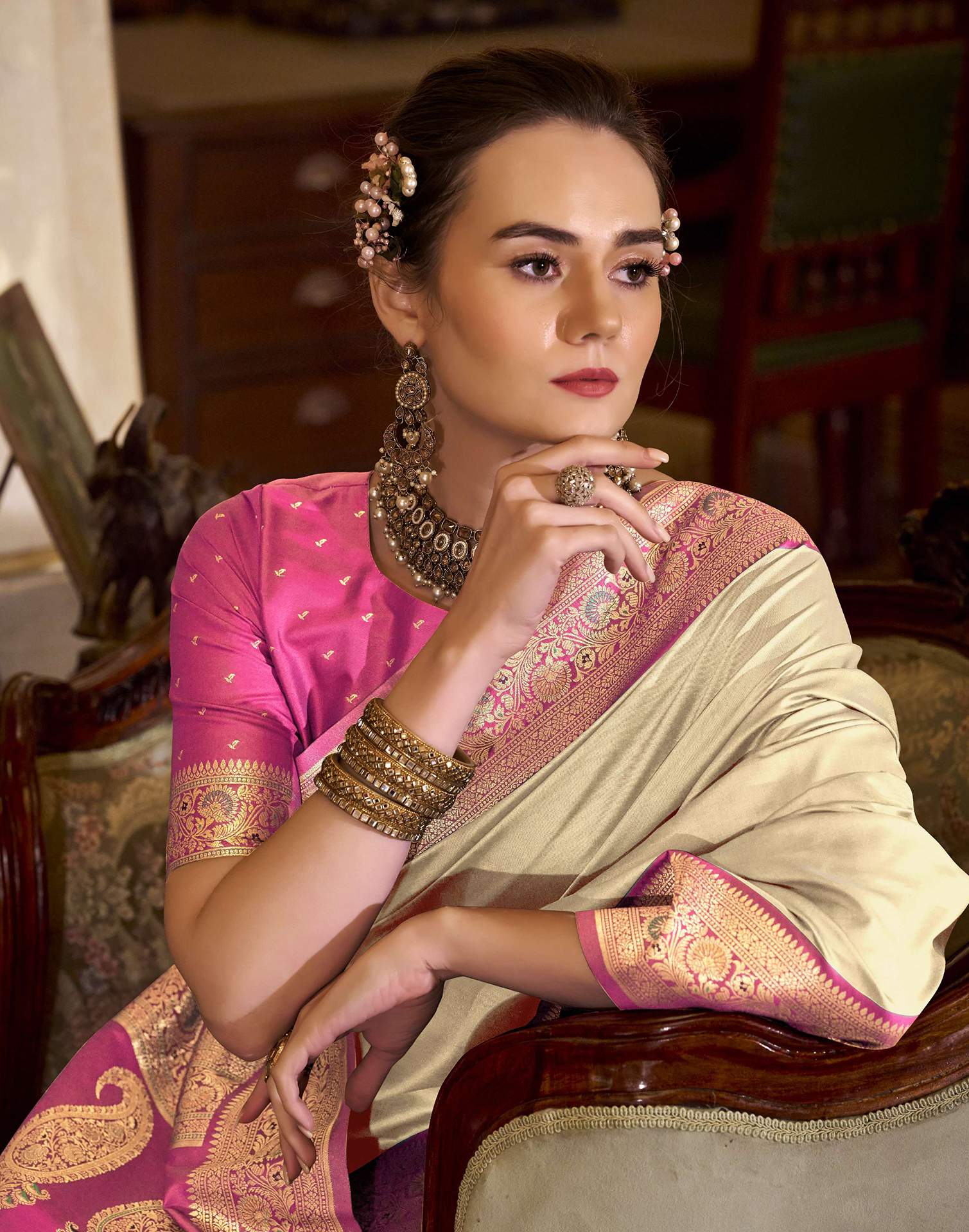 Cream Silk Woven Saree - Image 2