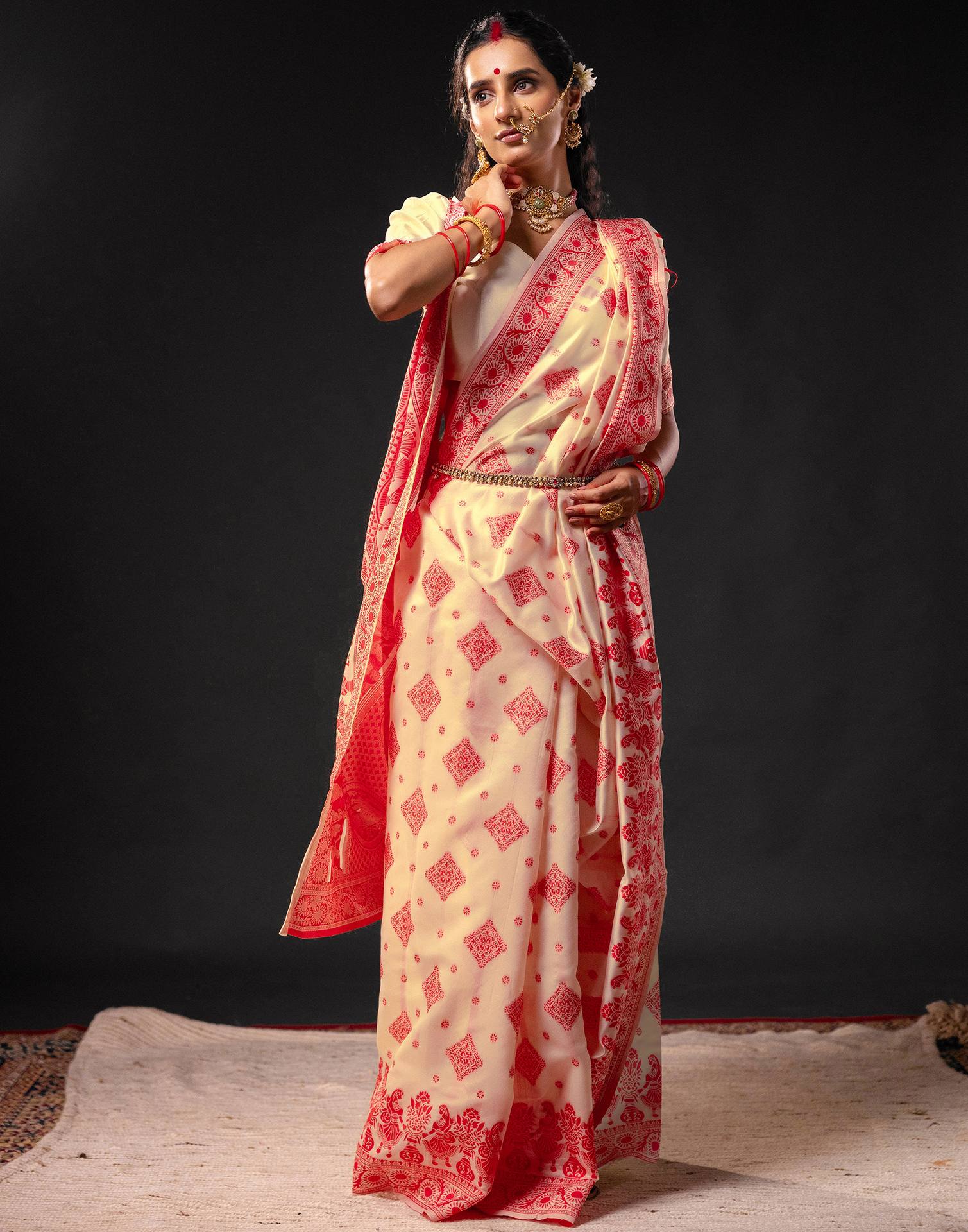 Cream Silk Woven Durga Puja Saree - Image 6