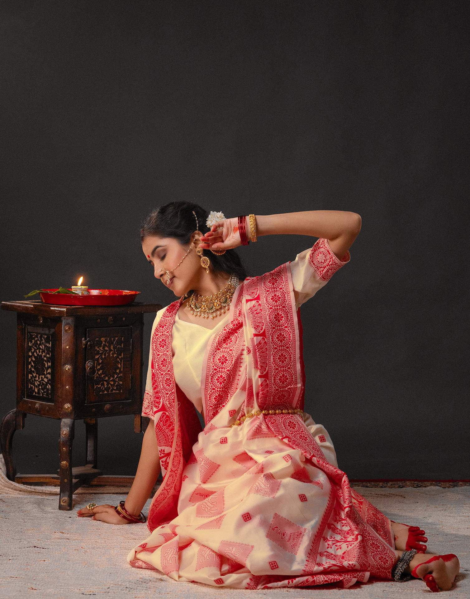 Cream Silk Woven Durga Puja Saree - Image 6