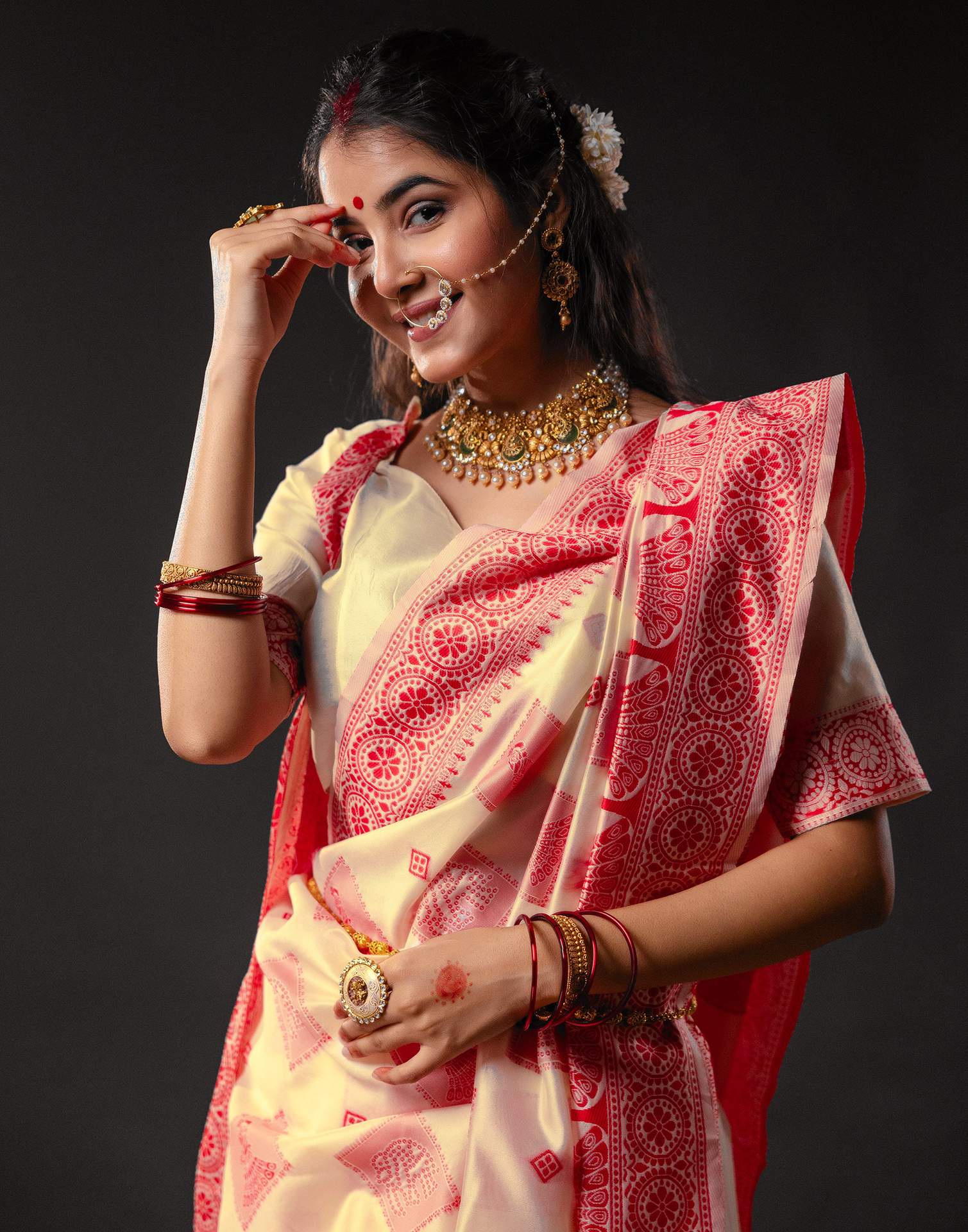 Cream Silk Woven Durga Puja Saree - Image 8