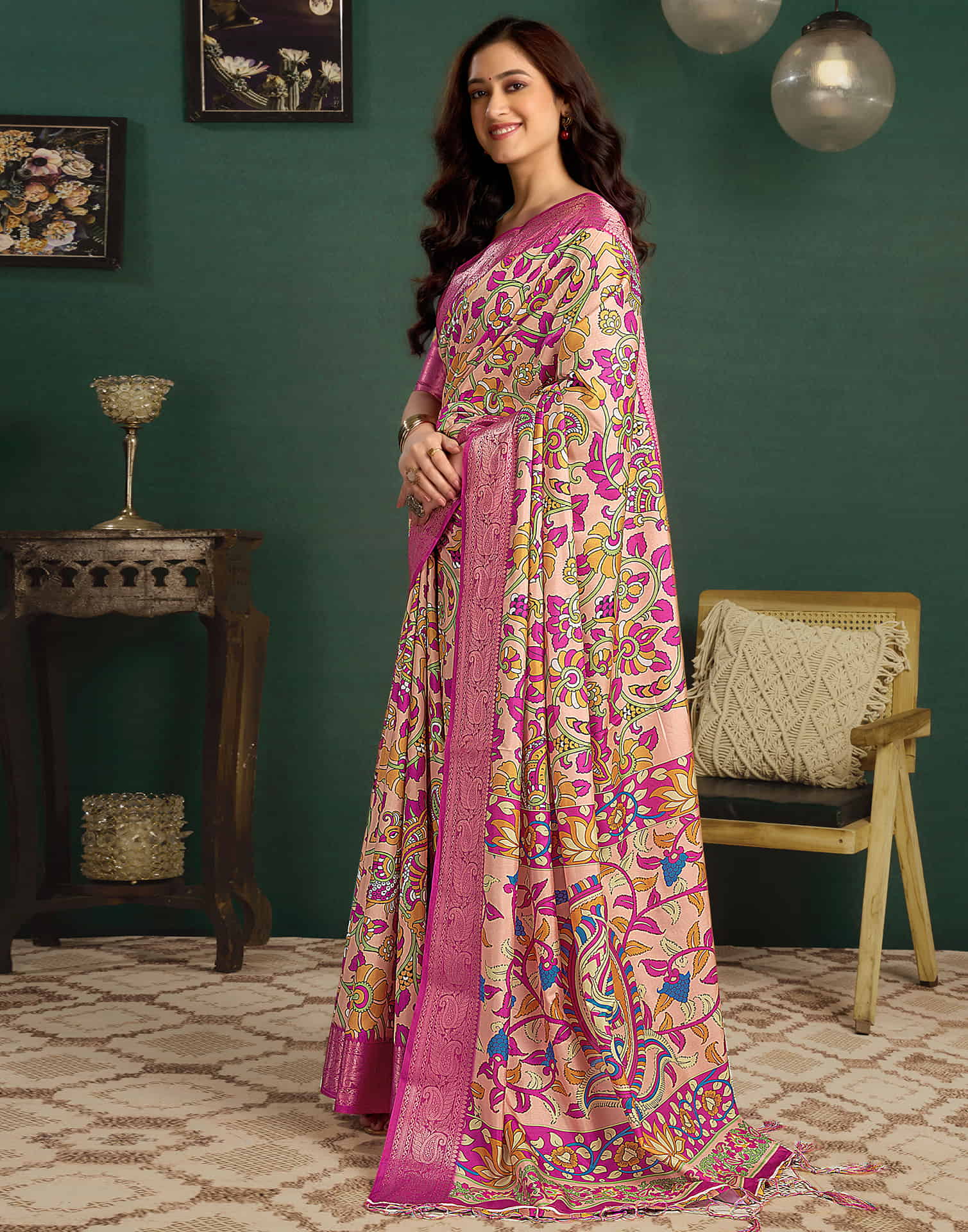 Cream Tussar Silk Printed Kalamkari Saree - Image 6