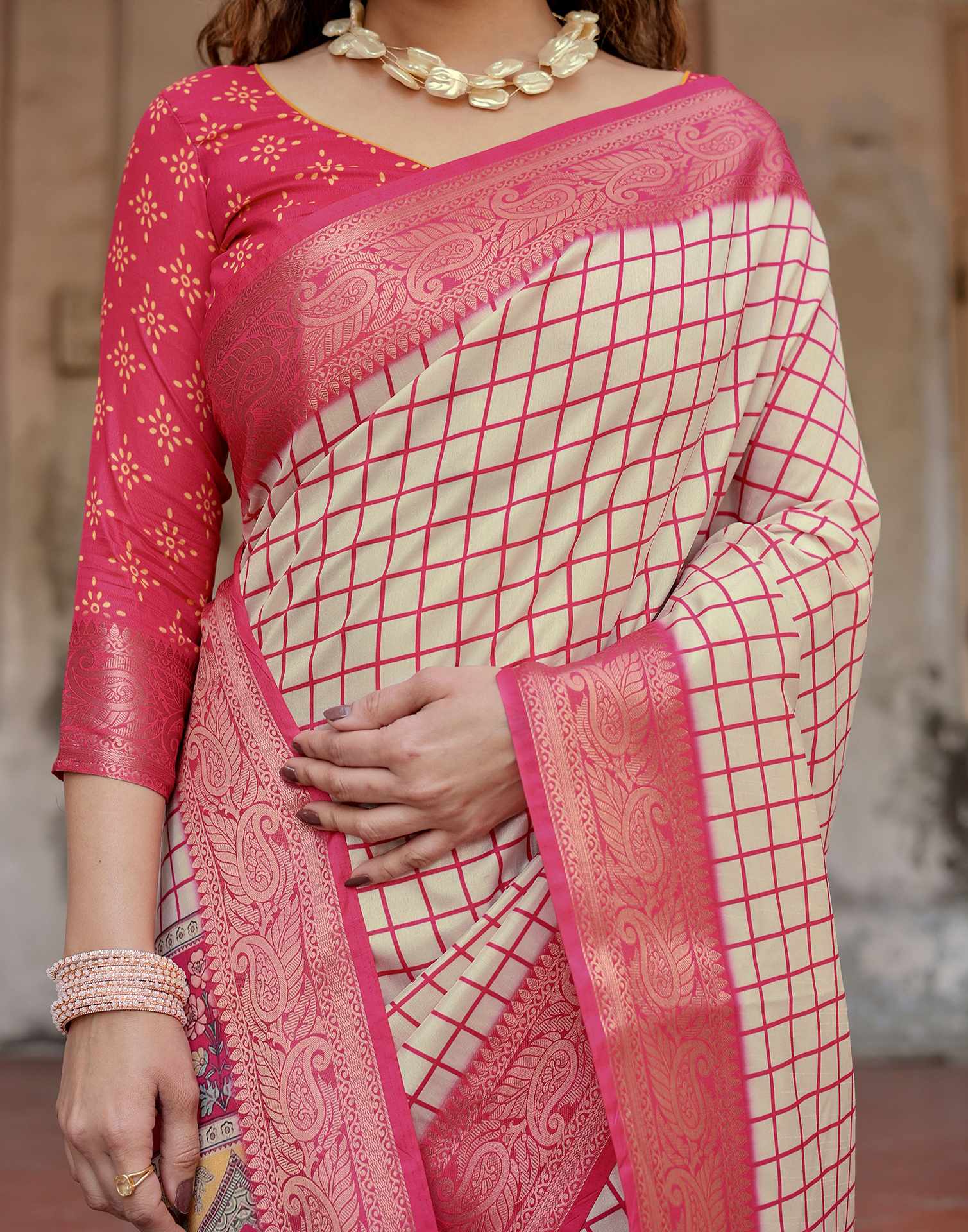 Cream Tussar Silk Printed Saree - Image 6