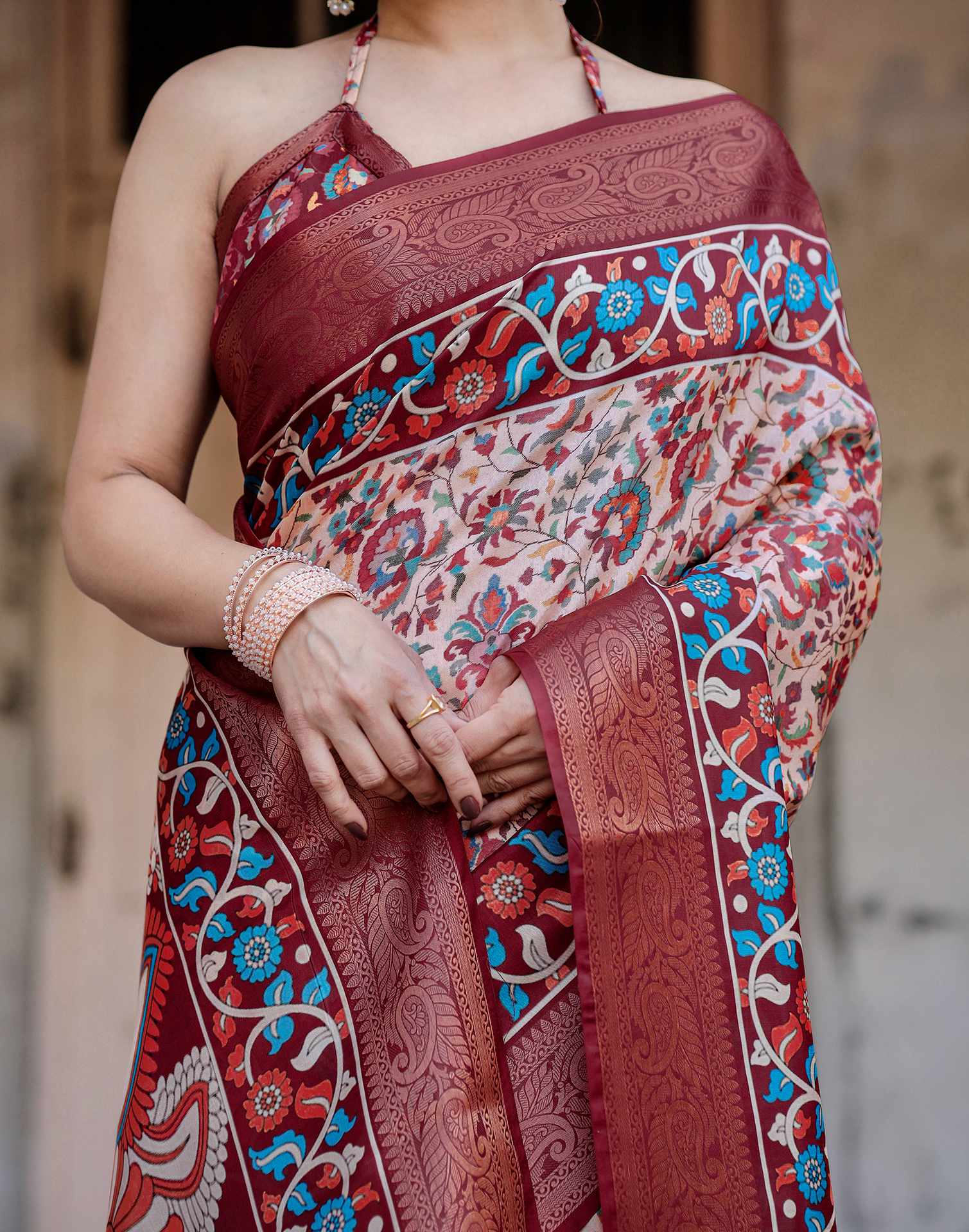 Cream Tussar Silk Printed Saree - Image 6