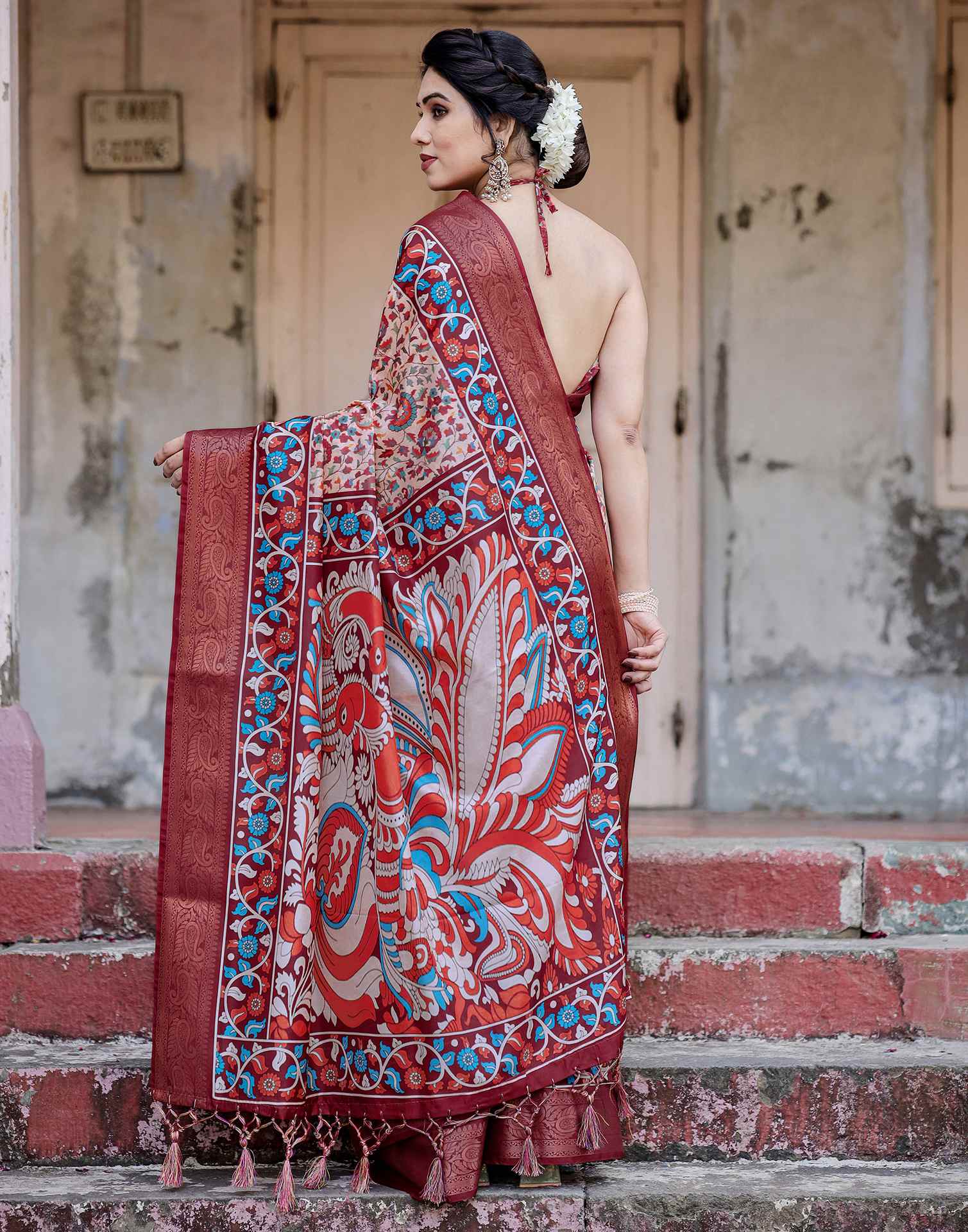 Cream Tussar Silk Printed Saree - Image 7