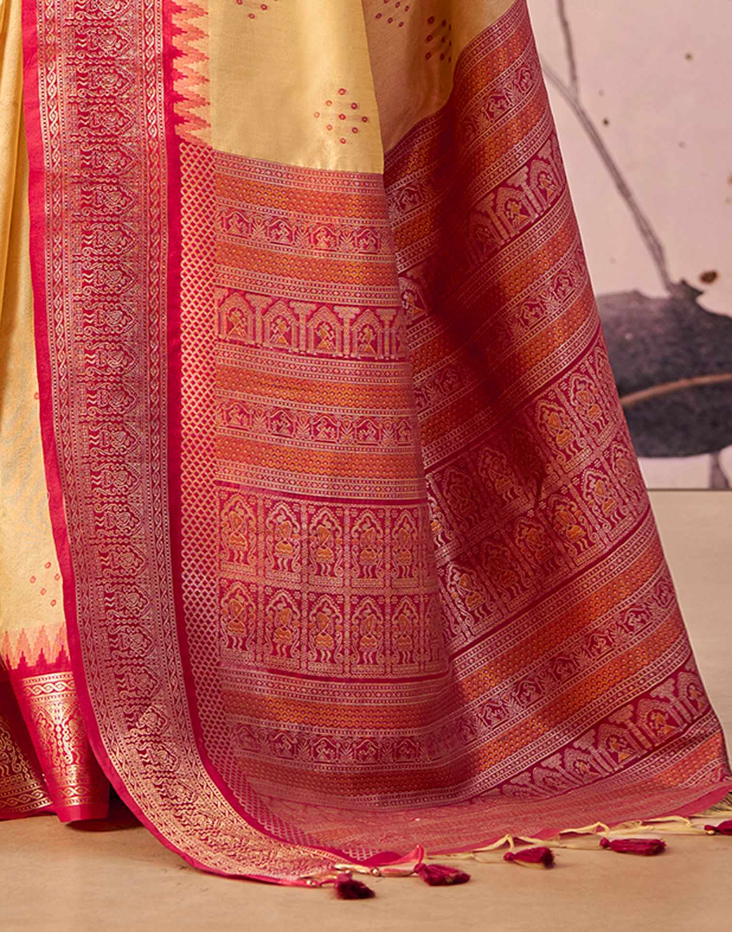 Cream Tussar Silk Woven Kanjivaram Saree - Image 7