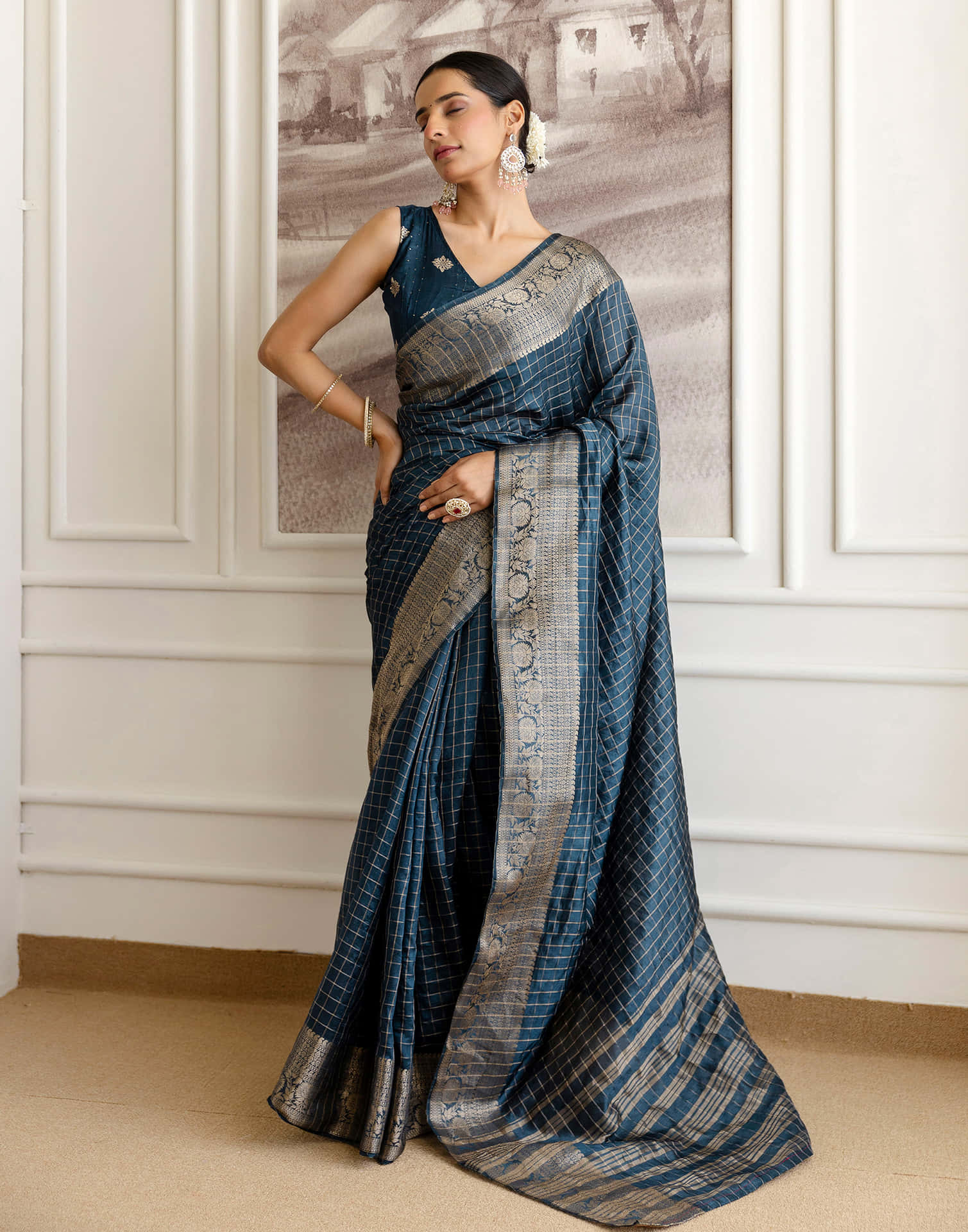 Cyan Blue Silk Woven Zari Stripe Saree