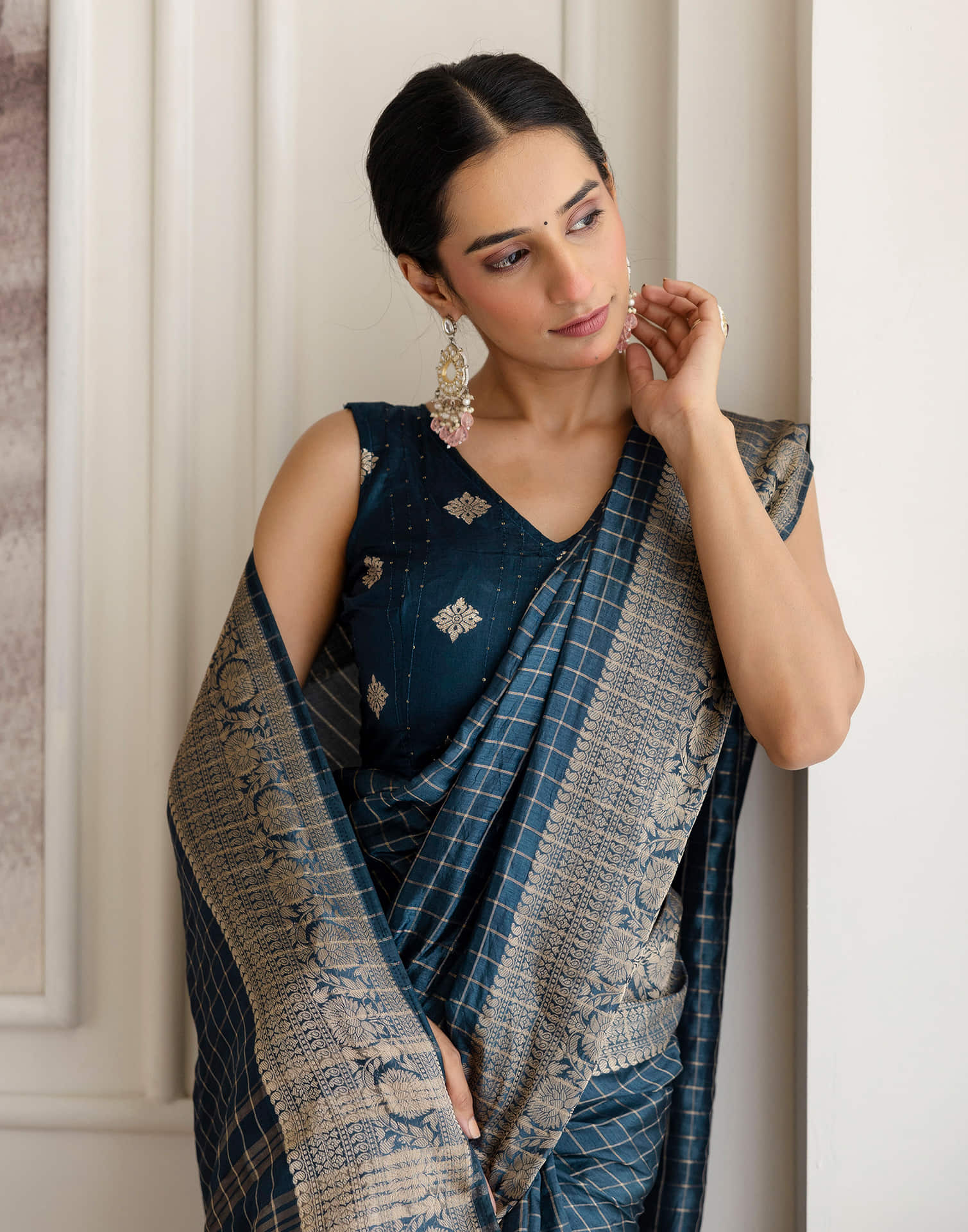 Cyan Blue Silk Woven Zari Stripe Saree - Image 2