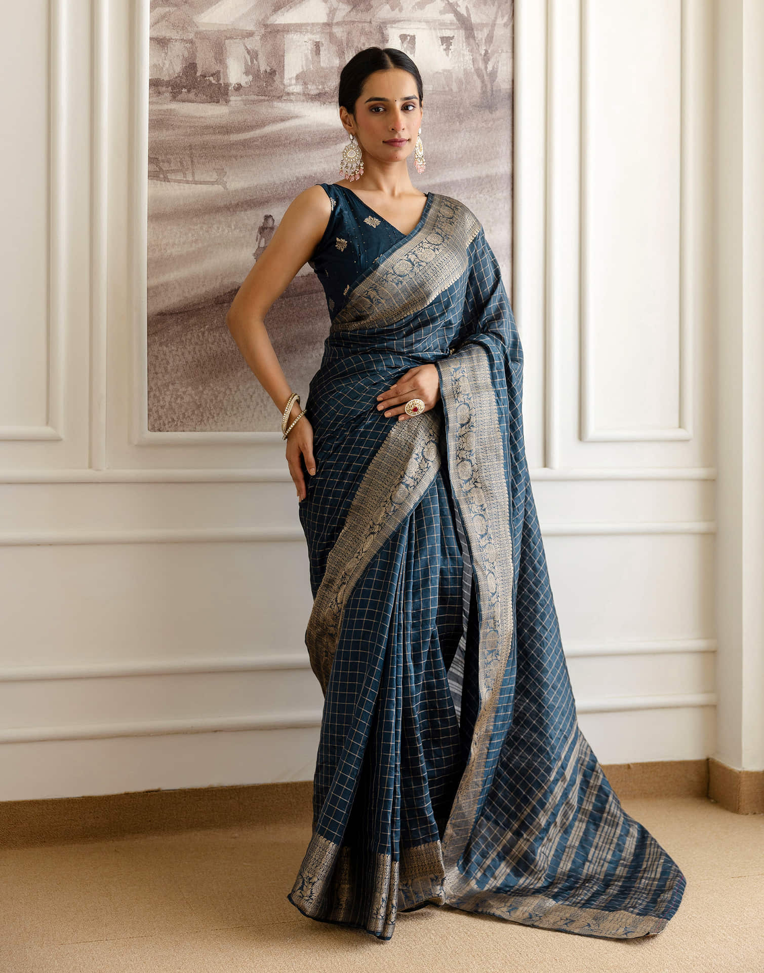 Cyan Blue Silk Woven Zari Stripe Saree - Image 4