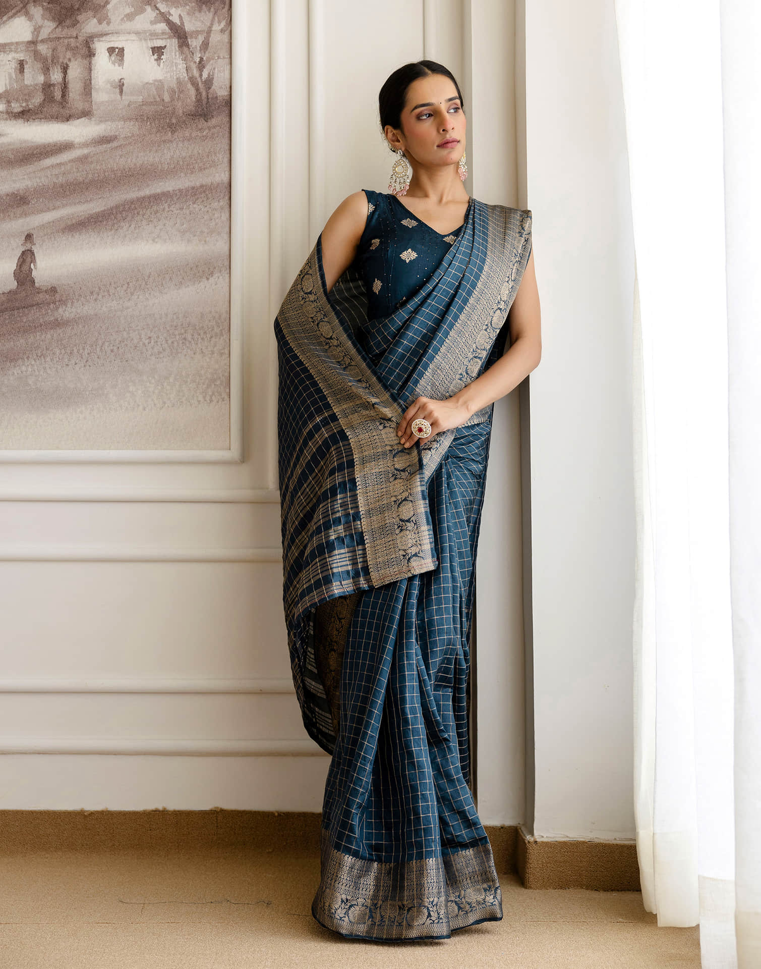 Cyan Blue Silk Woven Zari Stripe Saree - Image 5
