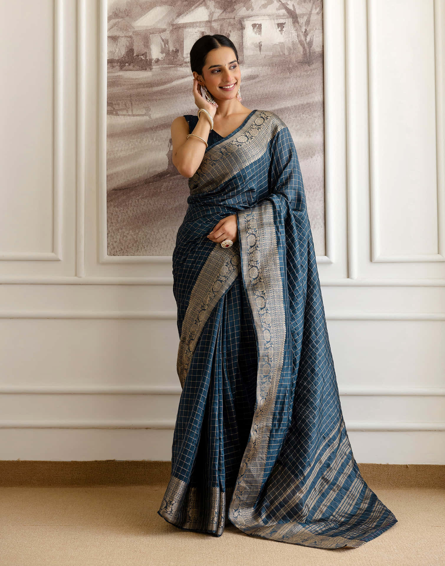 Cyan Blue Silk Woven Zari Stripe Saree - Image 8