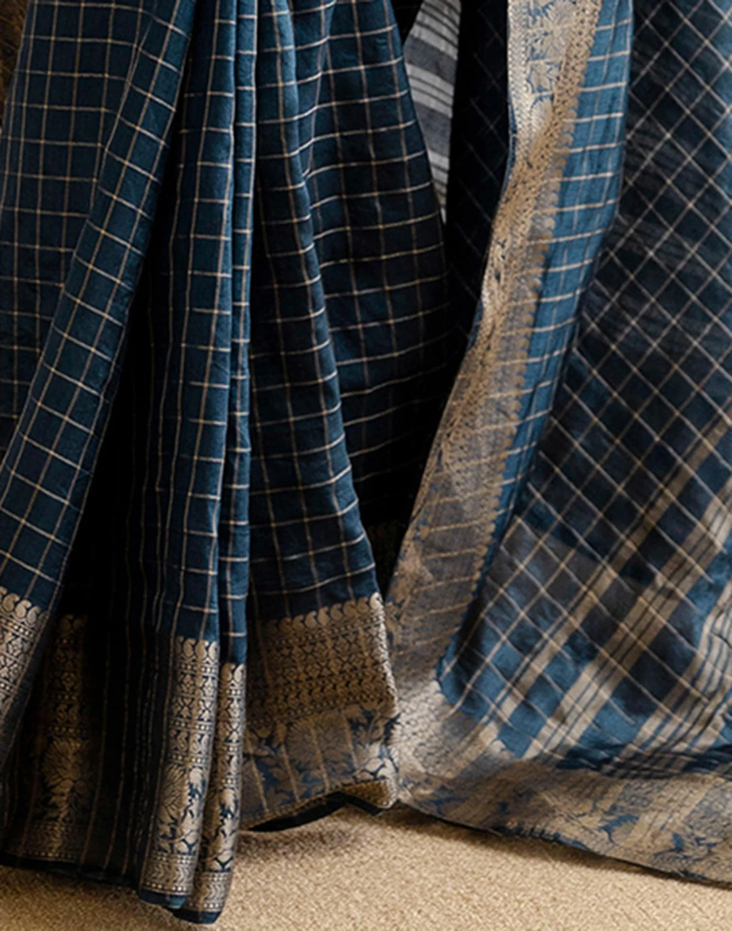 Cyan Blue Silk Woven Zari Stripe Saree - Image 9