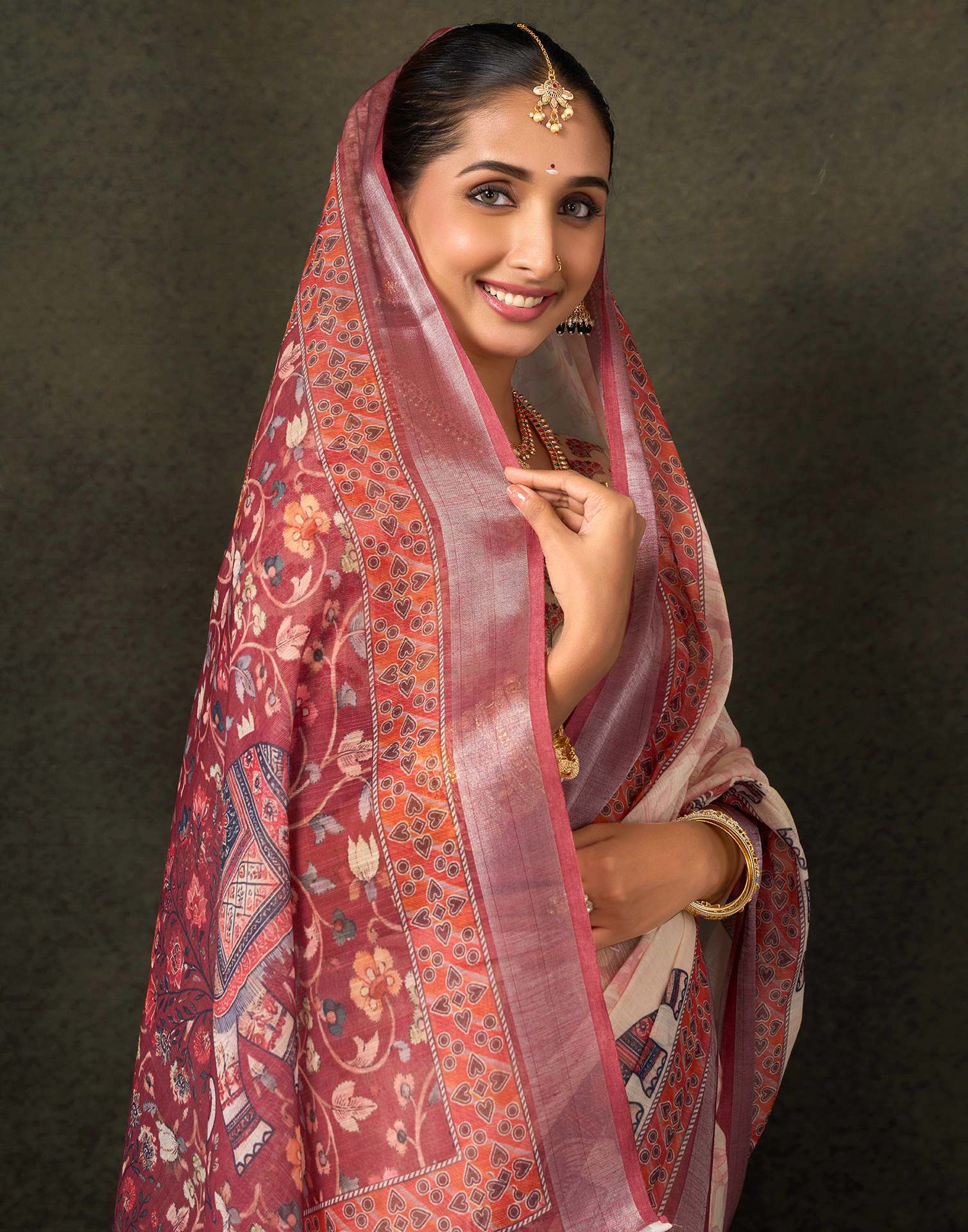 Dark Beige Cotton Printed Saree - Image 4