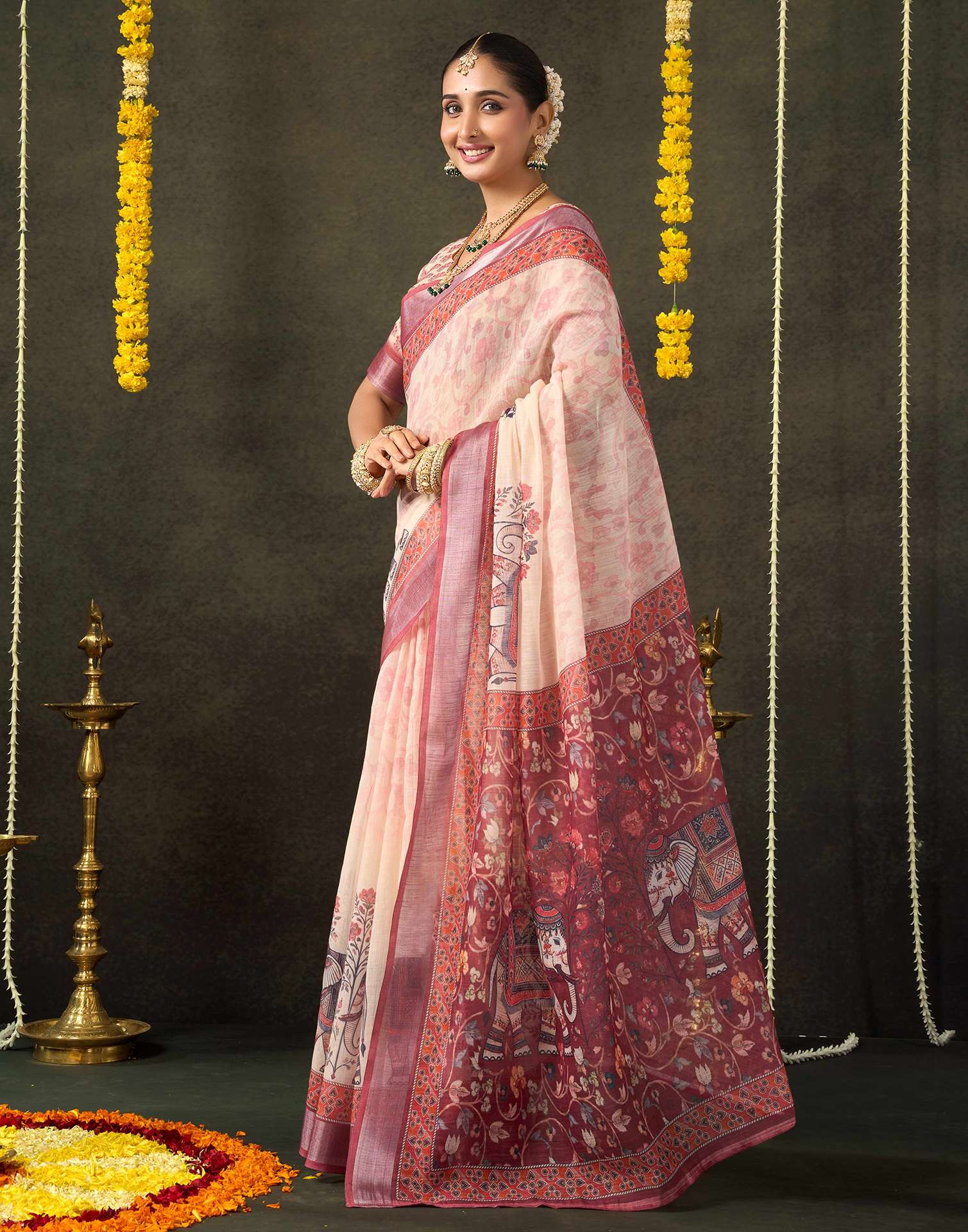 Dark Beige Cotton Printed Saree - Image 5
