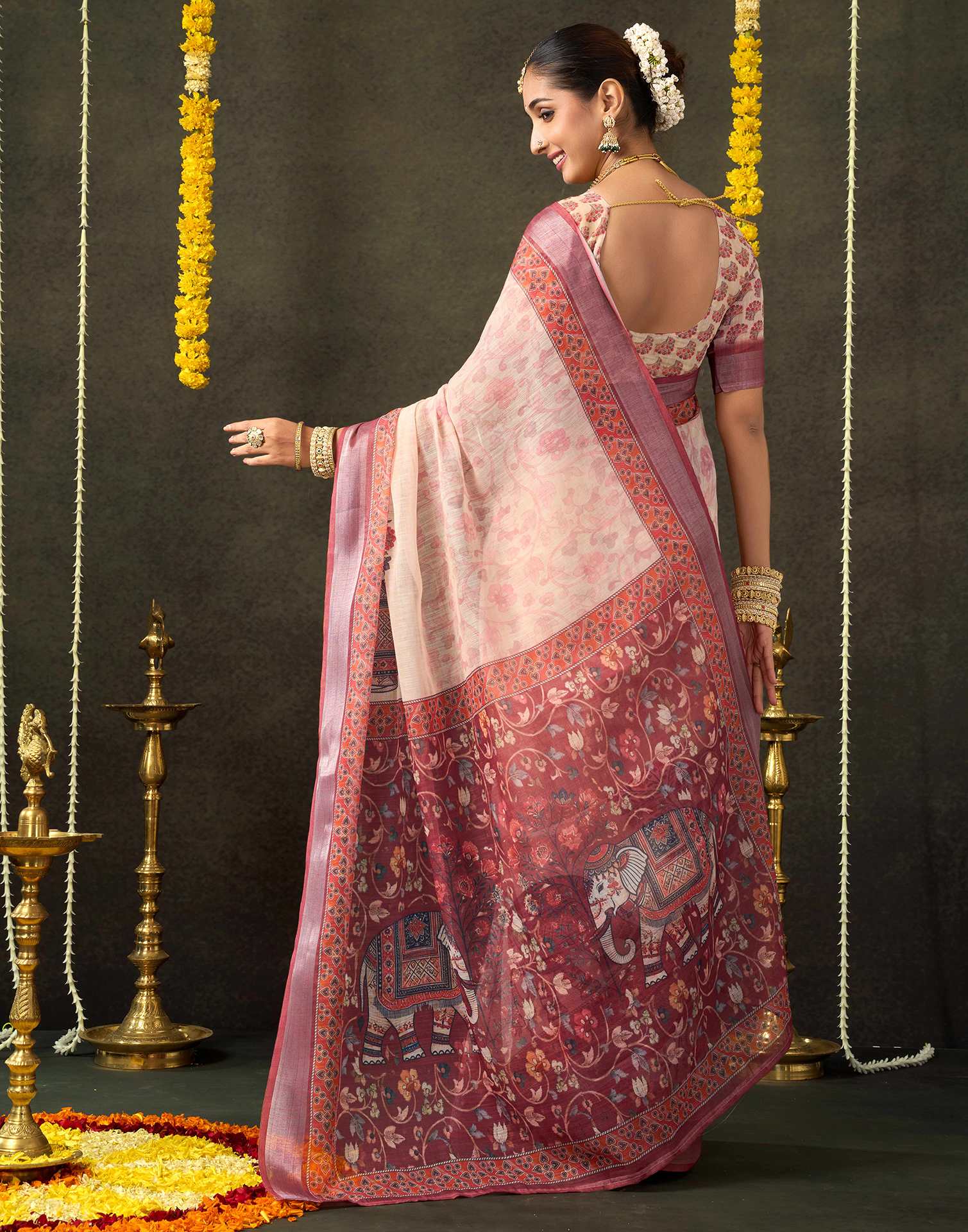Dark Beige Cotton Printed Saree - Image 7