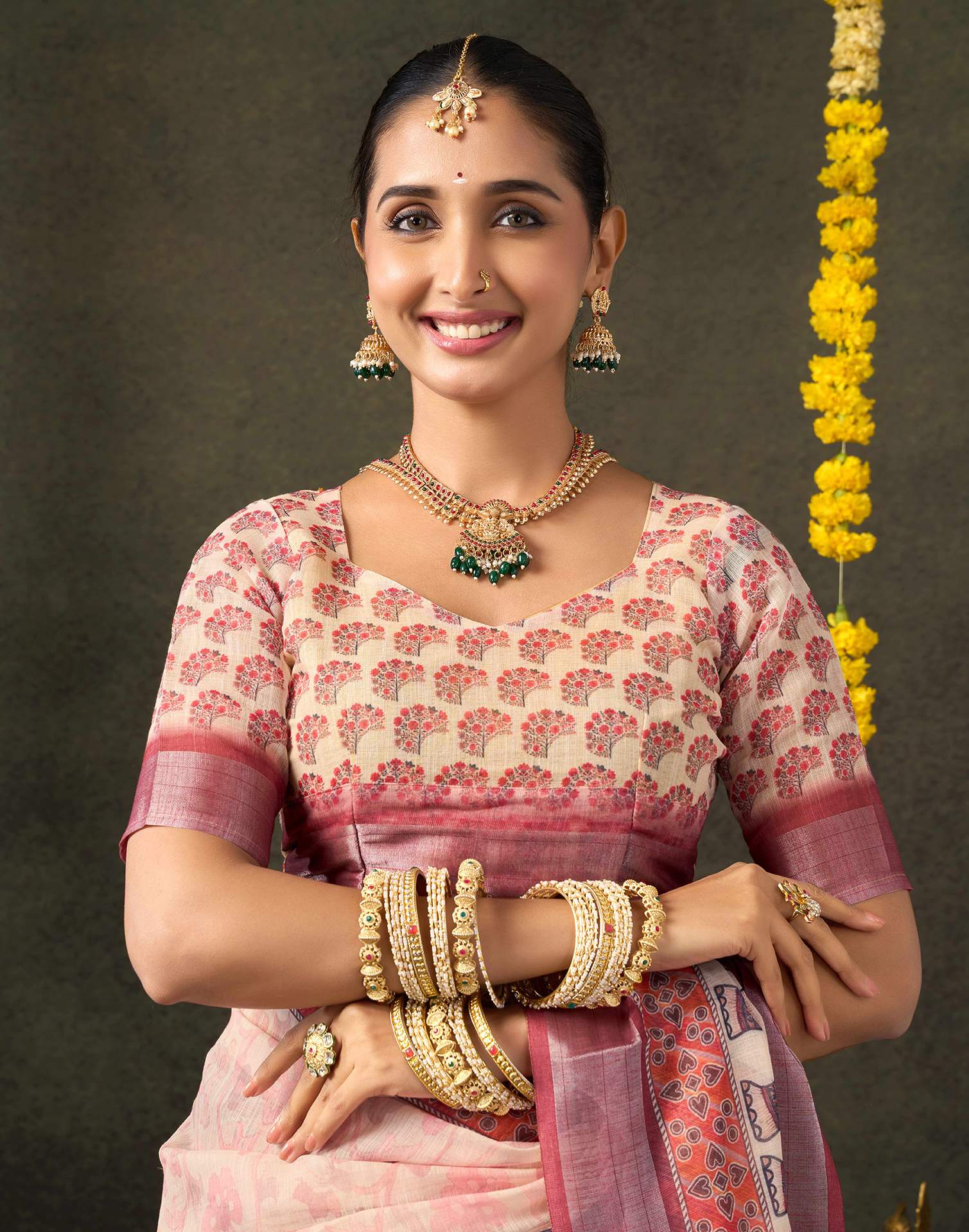 Dark Beige Cotton Printed Saree - Image 8