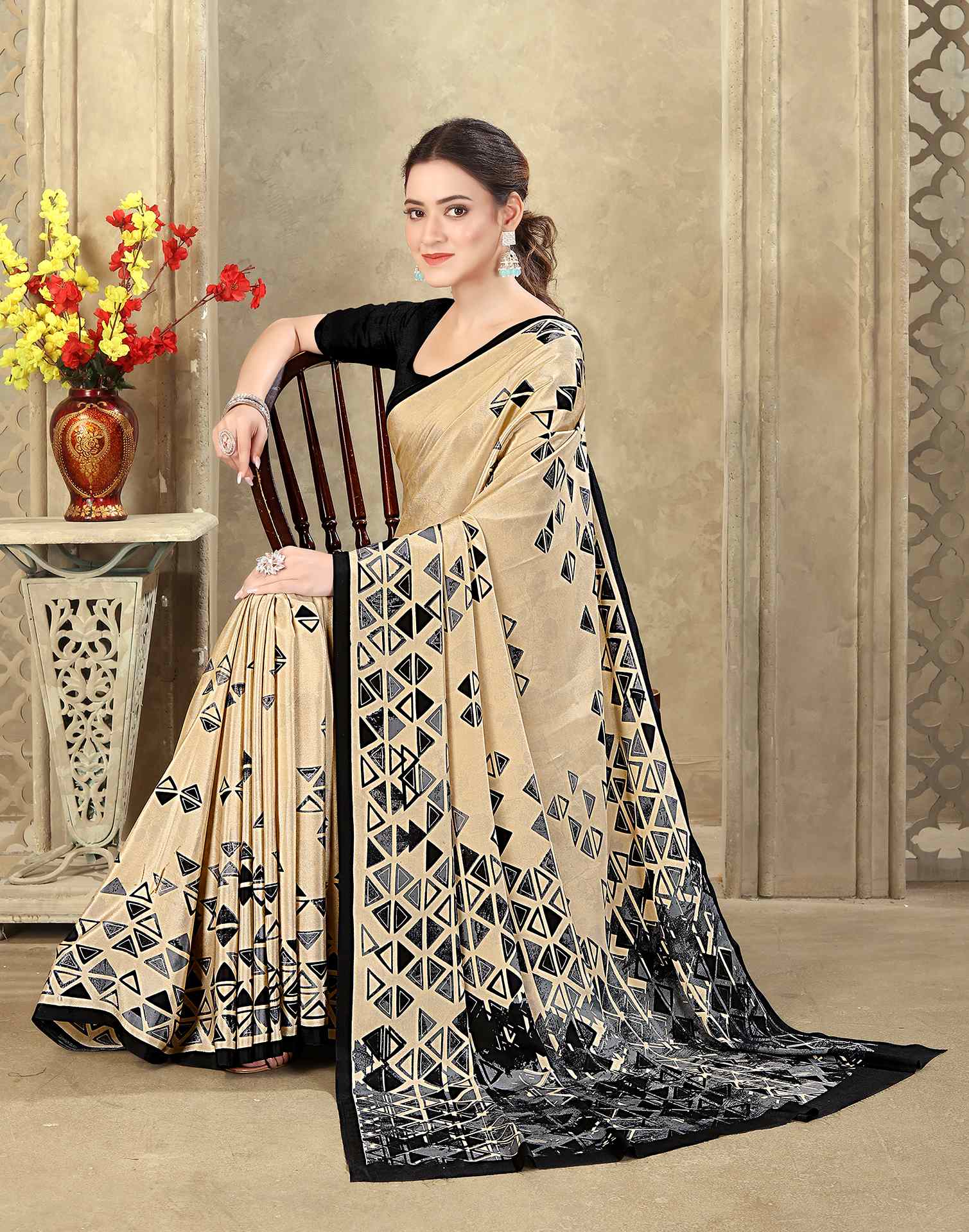 Dark Beige Crepe Silk Printed Saree - Image 4
