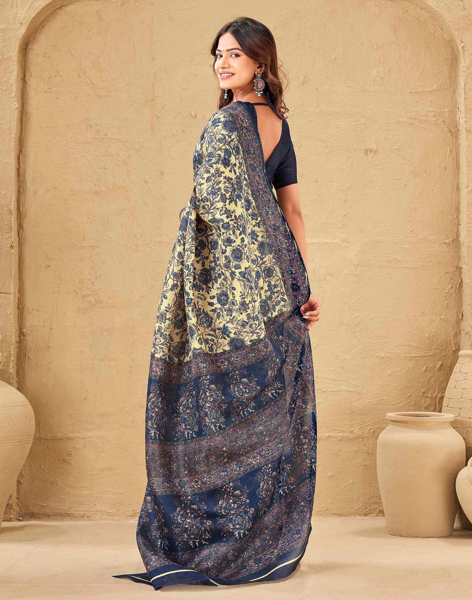 Dark Beige Khadi Floral Printed Saree - Image 6