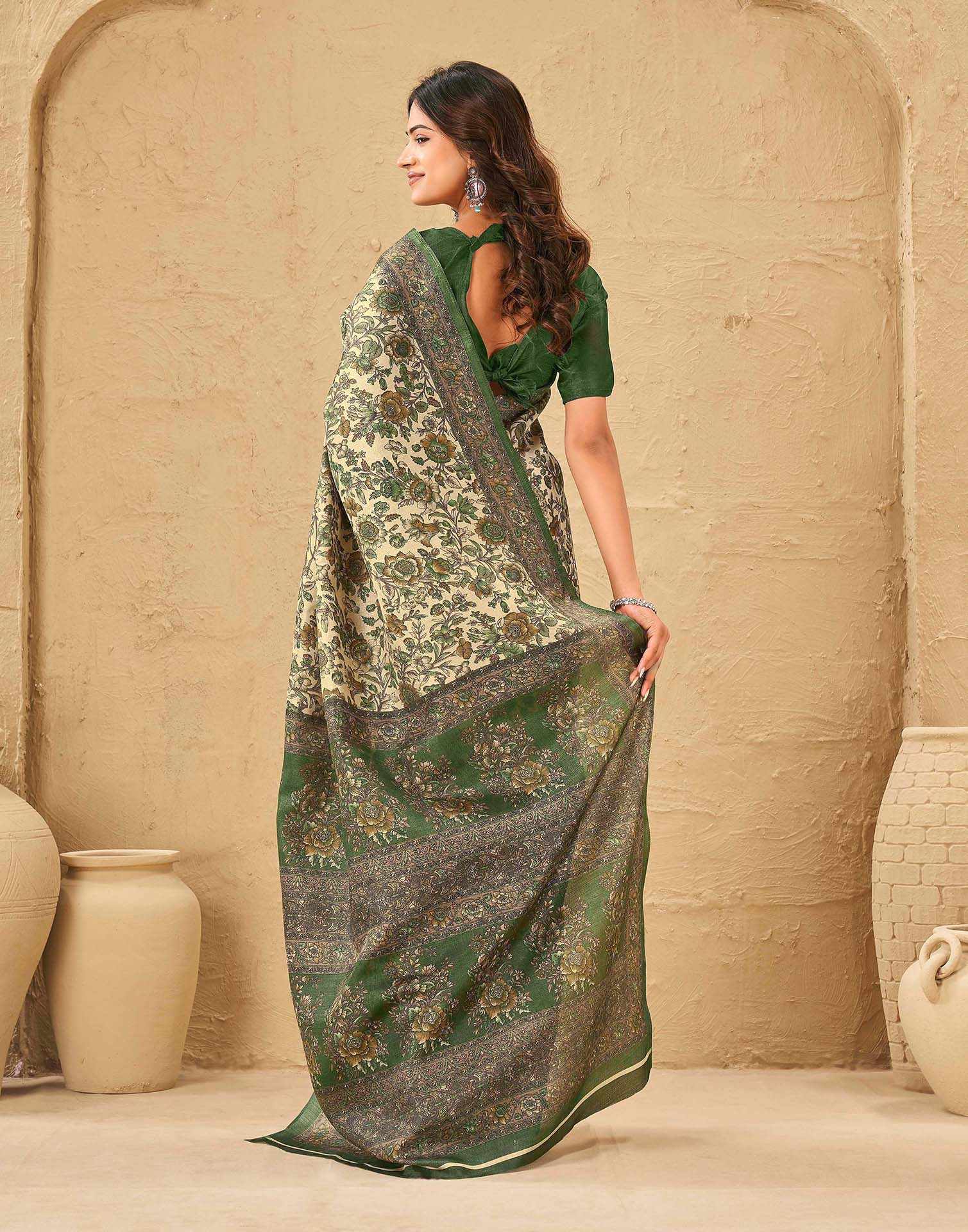 Dark Beige Khadi Floral Printed Saree - Image 6