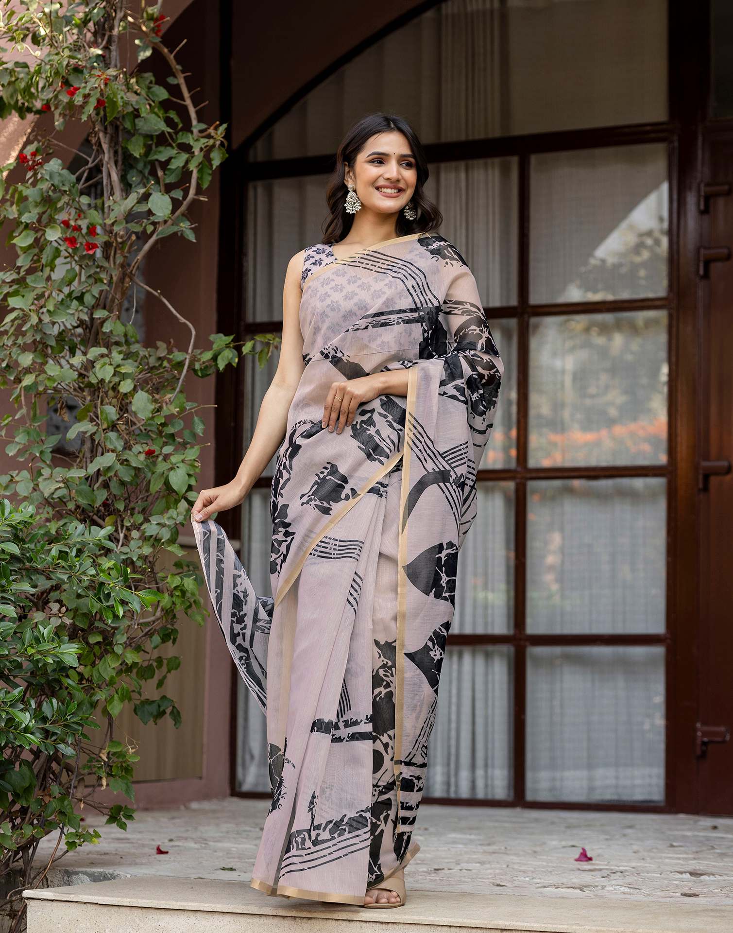 Dark Beige Linen Printed Saree - Image 5