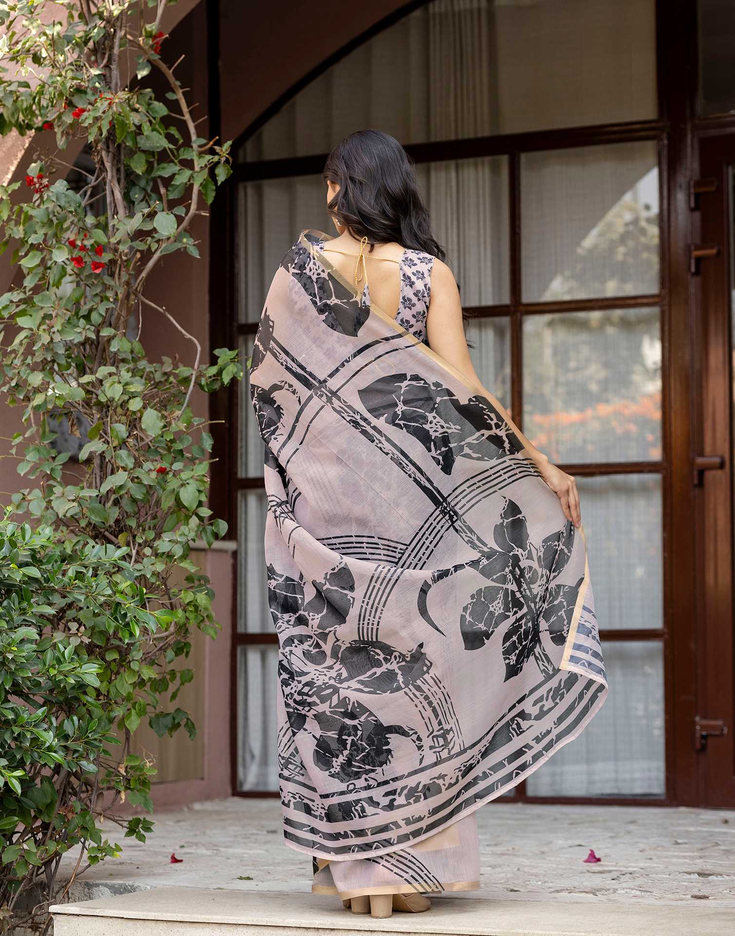 Dark Beige Linen Printed Saree - Image 6