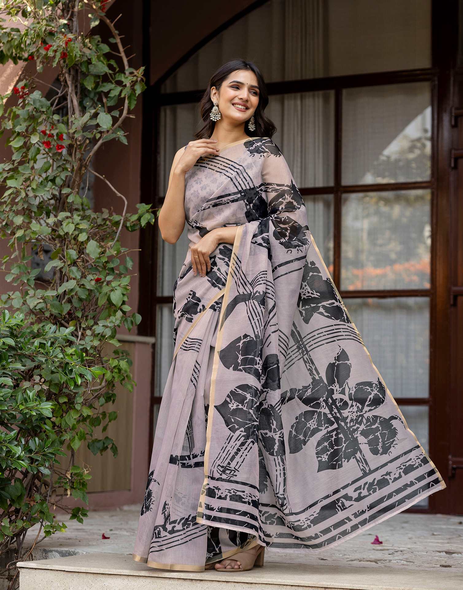 Dark Beige Linen Printed Saree - Image 7